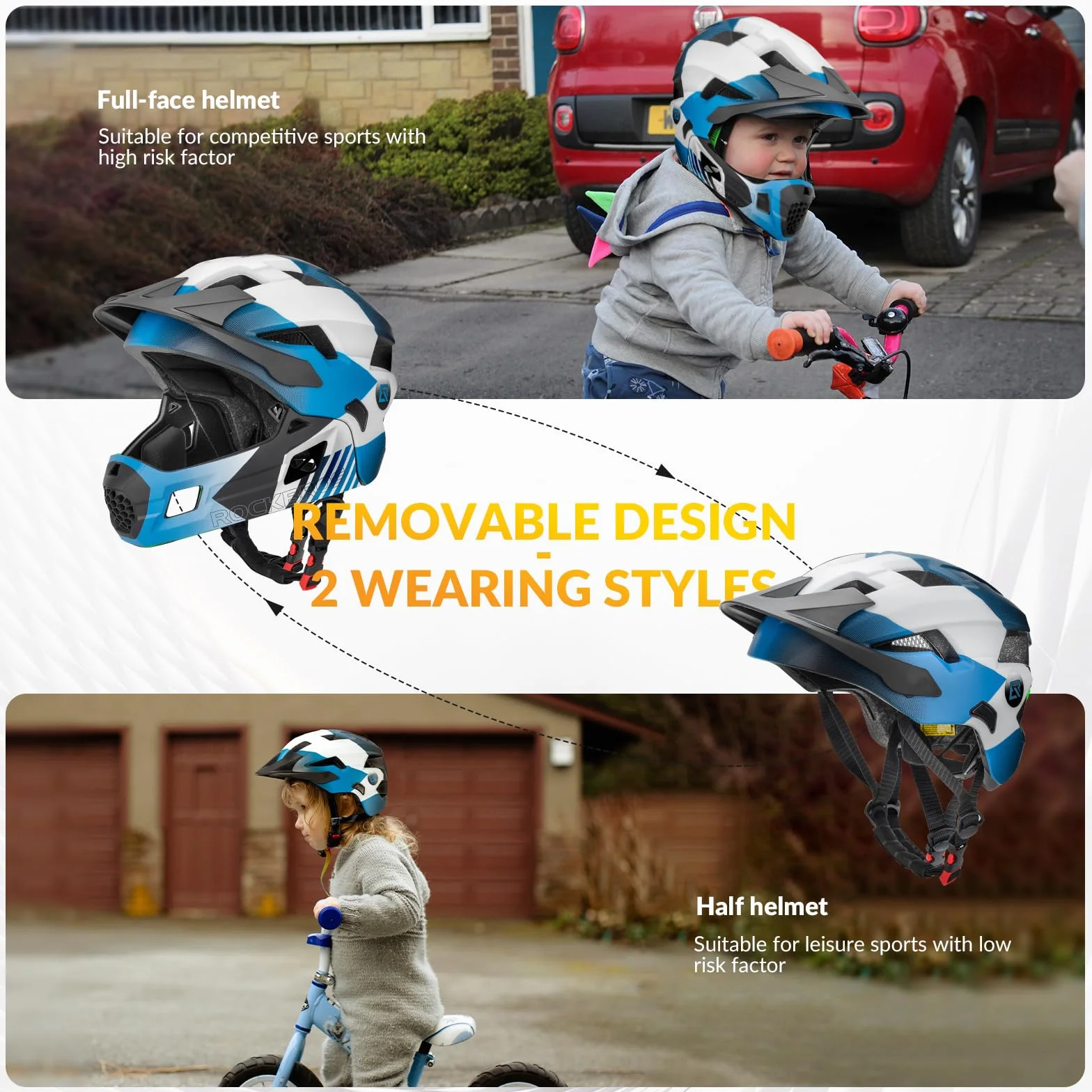 ROCKBROS Casque BMX d'enfant Intégral Vélo VTT Anti-Choc Menton Protection Détachable CE