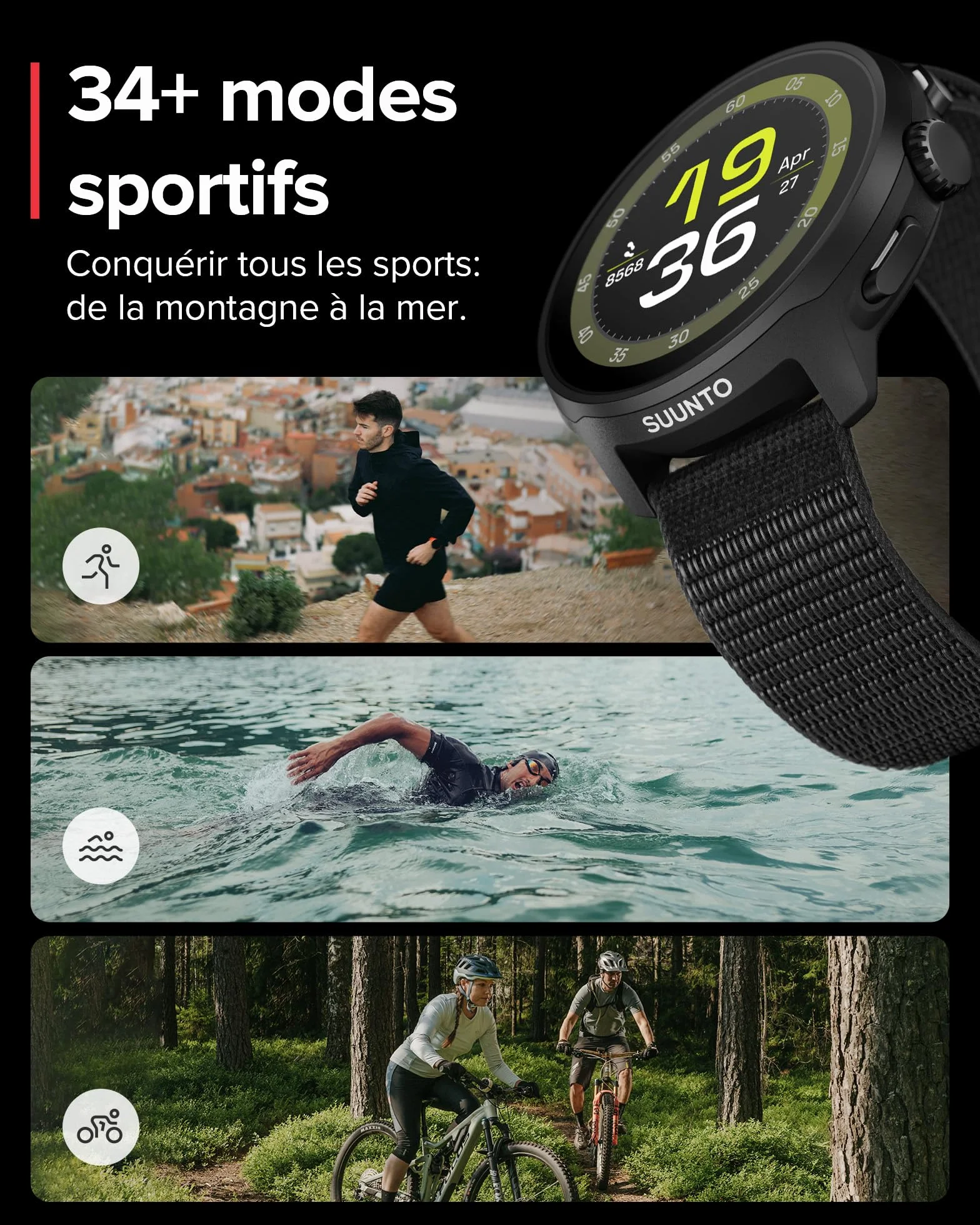 SUUNTO Run Montre de Running Femme Homme, 1,32" Écran Tactile AMOLED, Multisports, Tracker d'Activités, GPS Bi-Band, Suivi Fréquence Cardiaque/Sommeil, Course à Pied, 12 Jours d'Autonomie, Musique