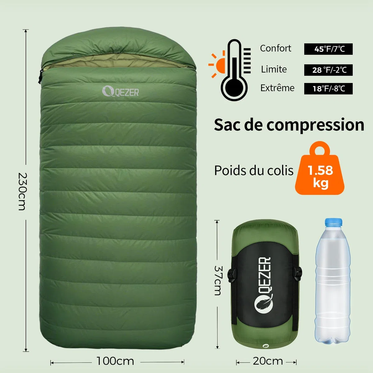 Sac de Couchage Extra Large QEZER en Duvet XXL 230 x 100 cm, 3-4 Saisons, léger et Chaud, pour Adulte, idéal pour Le Camping, la randonnée et la randonnée.