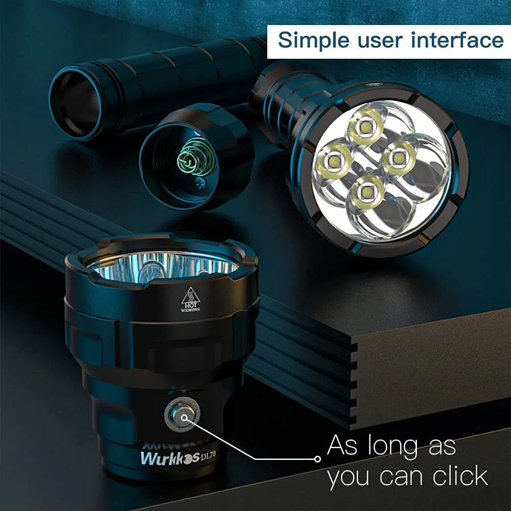 Wurkkos DL70 Lampe de plongée 13000 lumens, 4 * XHP50.2 LED torche sous-marine, torche de plongée super lumineuse à lumens élevés, Avec alimentation rechargeable 2 * 5000mAh et chargeur