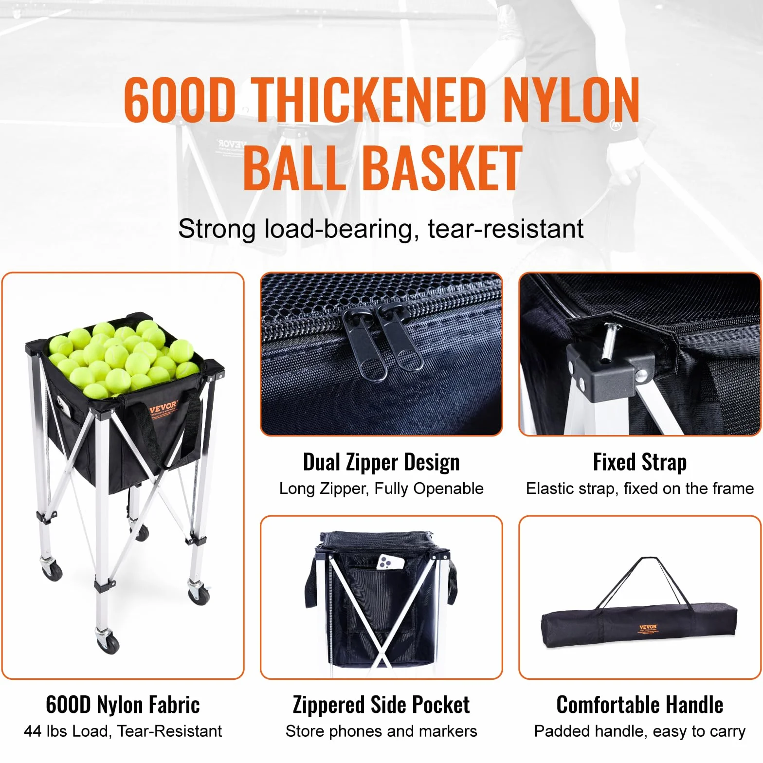 VEVOR Panier à Balle de Tennis Pliable 150 balles Chariot Alliage d'aluminium