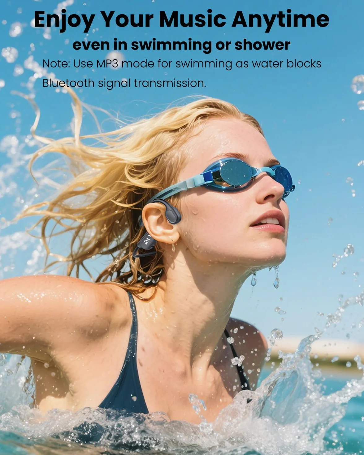Casque de natation à conduction osseuse Bluetooth V6.0 IP68 MP3 32 Go Noir
