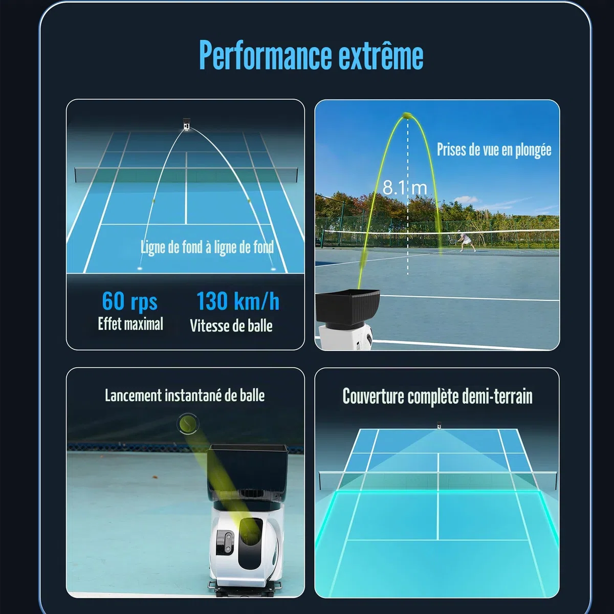 PONGBOT Machine à balles de tennis, application et télécommande, perceuses personnalisées, capacité de 150 balles, max 80 mph, plus de 80 heures d'endurance, double moteur pour Topspin et Backspin