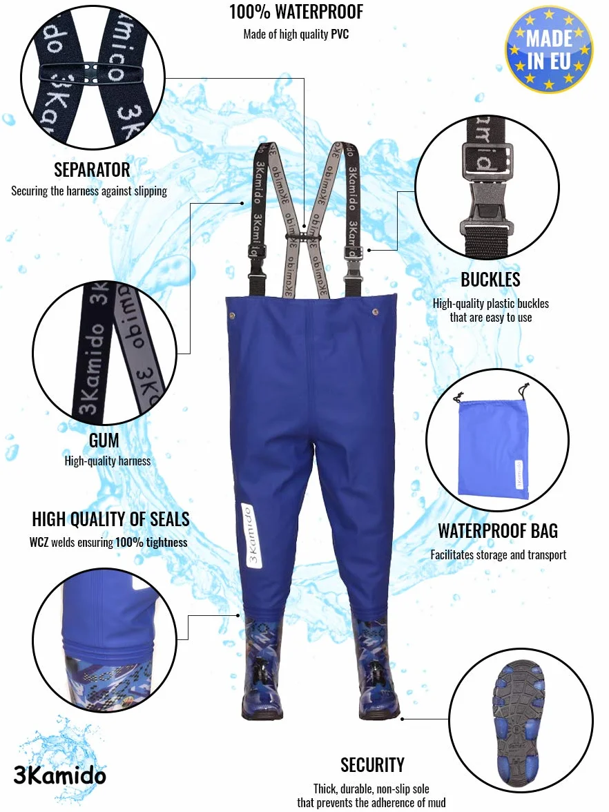 Enfant Cuissardes de pêche Jeunesse - 10 modèles, Taille Ajustable, Bretelles durables, Boucle FixLock Nexus, Enfants Waders, Bottes de pêche, Poitrine échassiers, 20-35 EU