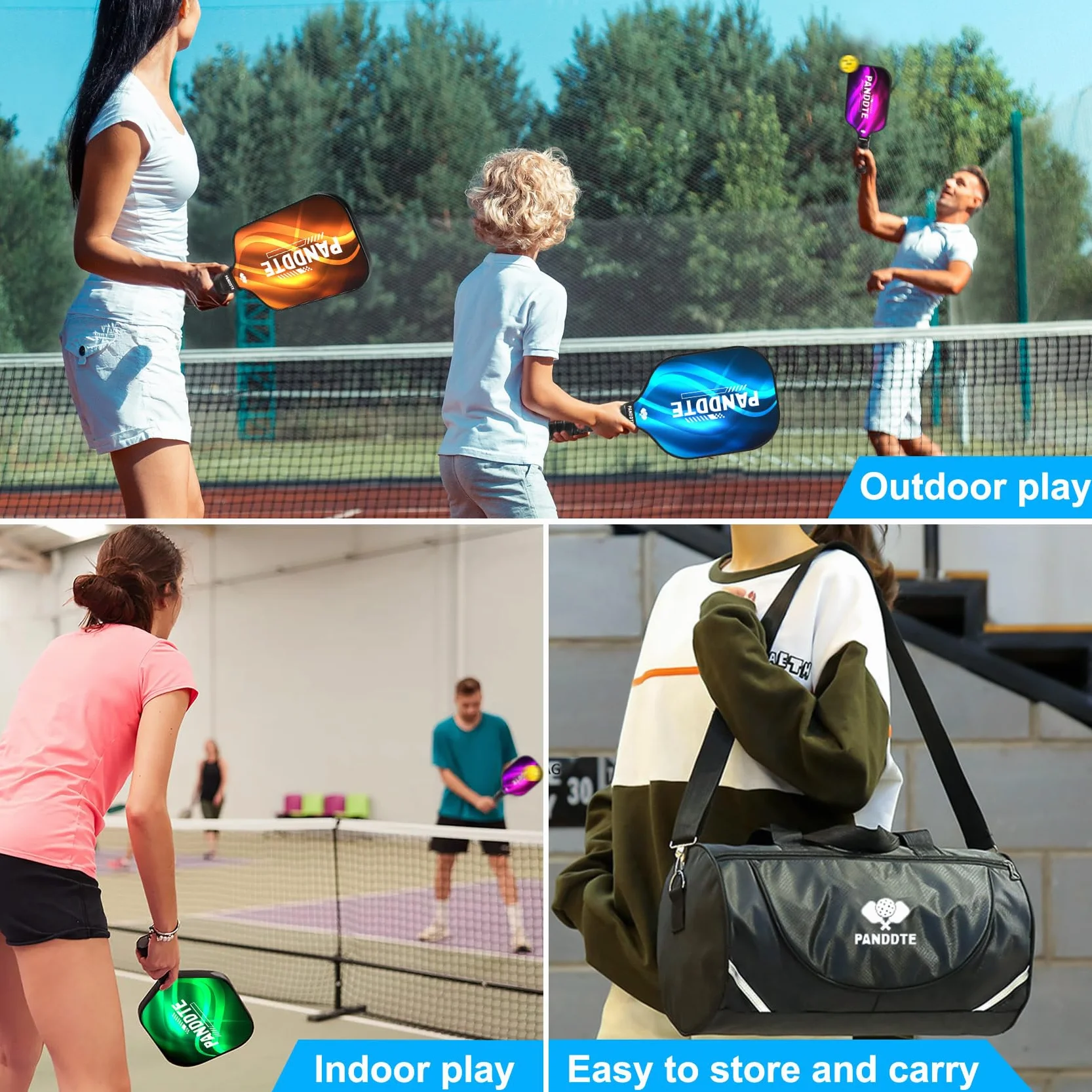 Lot de 4 Raquettes de Pickleball en Graphite avec 4 balles de Pickleball, 4 poignées de Rechange et Sac, Raquettes de Pickleball pour débutants et Professionnels