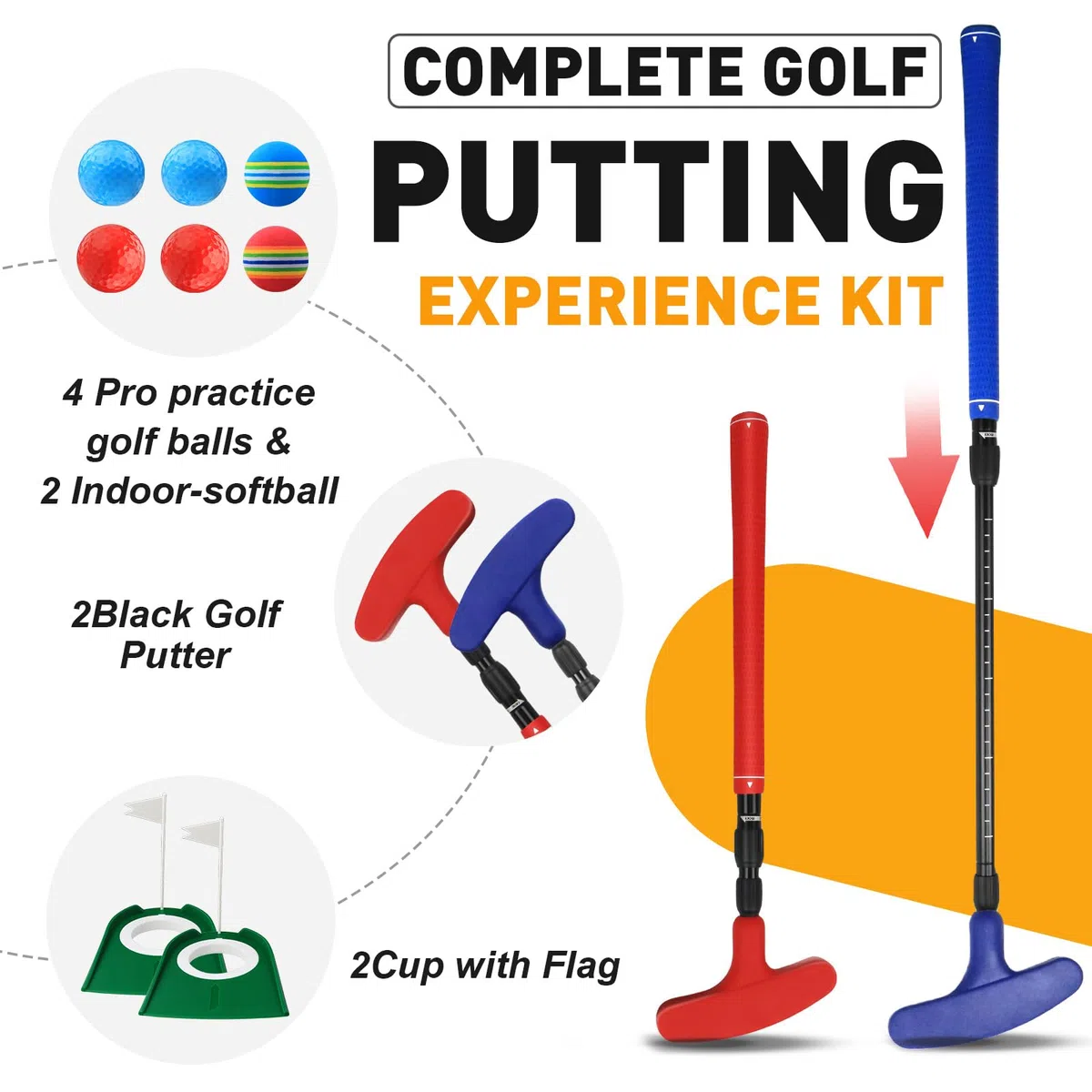 Ensemble de putter rouge et bleu pour enfants, ensemble de putter de golf réglable, ensemble de mini golf bidirectionnel, convient pour les gauchers et les droitiers, convient pour les jeunes golfeurs