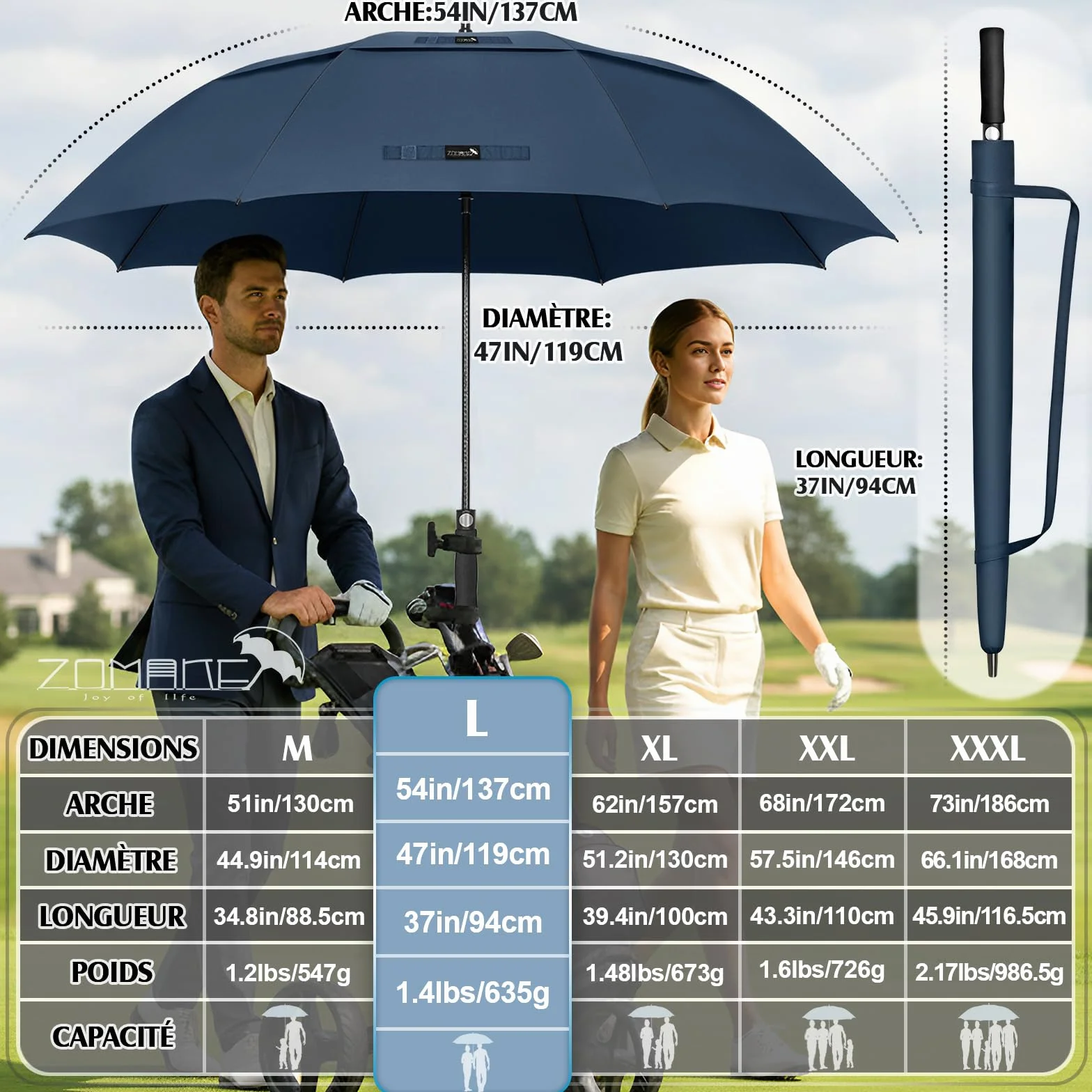 ZOMAKE Grand Parapluie XL/XXL, Parapluie Golf Grande Taille pour 2 Personnes, Solide et Résistant au Vent Fort et aux Tempêtes, Ouverture Automatique, Homme & Femme, Idéal Golf, Voyage, Quotidien
