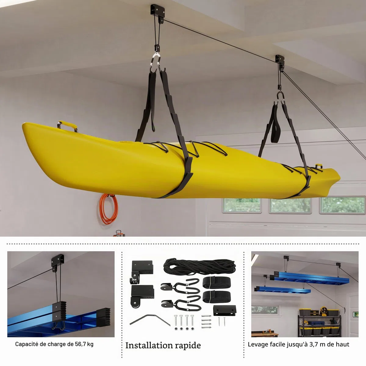 Système de poulie supérieure pour Kayak, canoë, vélo ou échelle (capacité de 57 kg)
