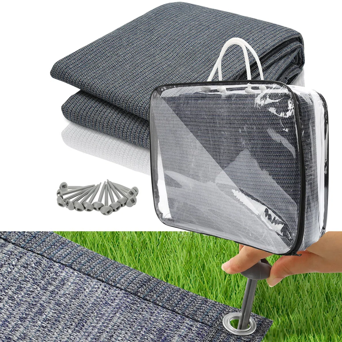 Fiqops Tapis pour auvent 250 x 500 cm, Respirant, Lavable, Anti-moisissure, antidérapant, stabilisé aux UV, avec 12 Trous, 13 piquets et Sac de Transport