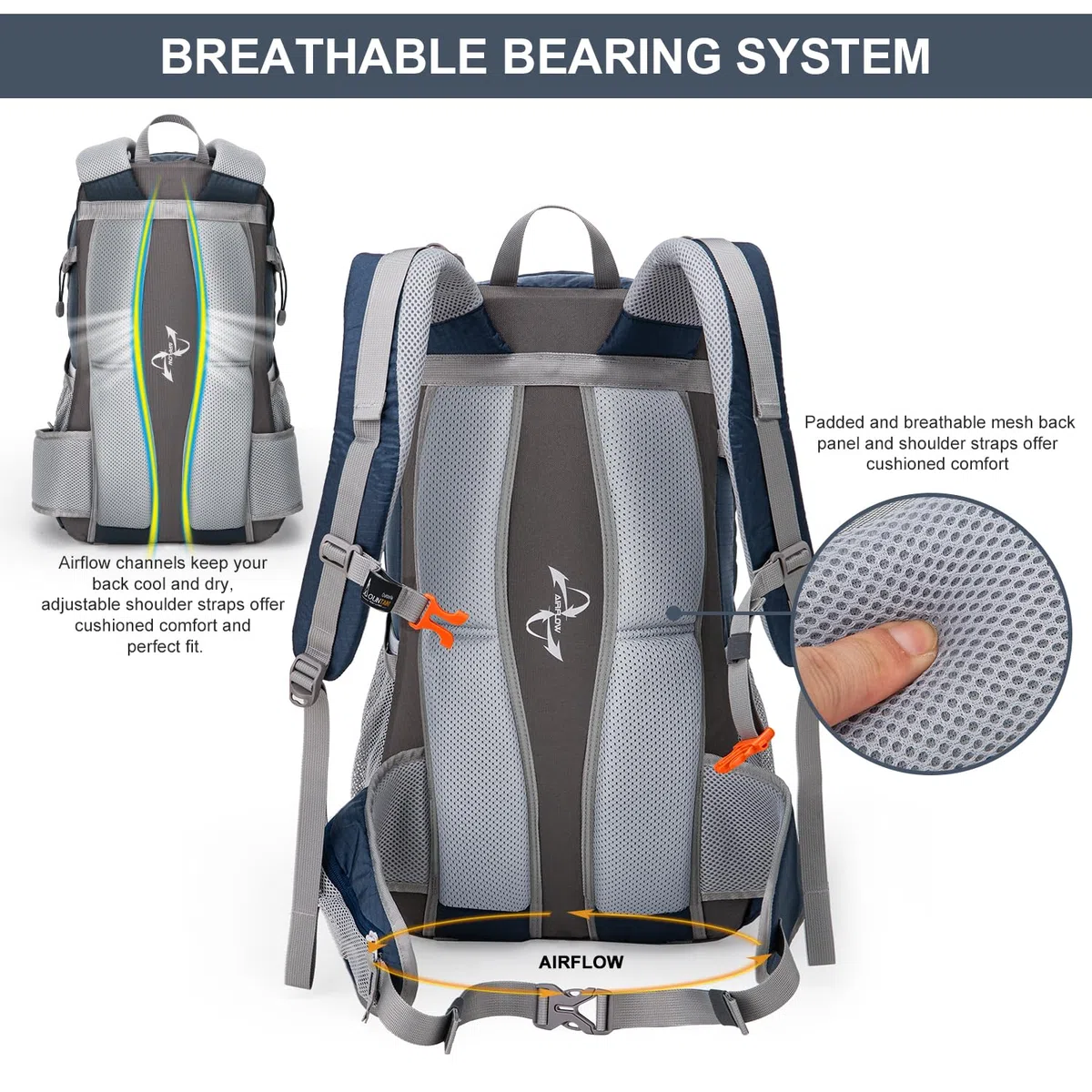 MOUNTAINTOP Sac à dos de randonnée 40 l résistant à l'eau Sac à dos de trekking pour homme et femme Sac à dos de voyage 55 x 35 x 25 cm