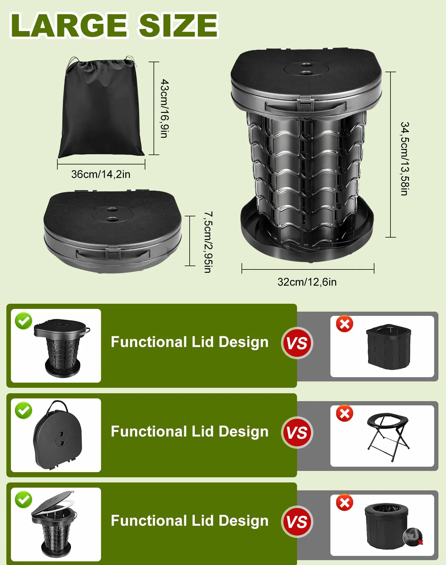 Toilette Portable Camping avec Couvercle, WC Portable avec Sac Poubelle, Toilettes Sèches, pour Le Camping, Les Barbecues, Les Voyages, la Pêche, la Plage et L'auto-Propulsion
