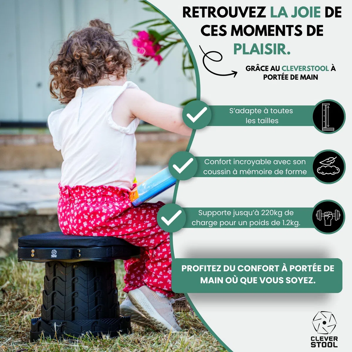 Tabouret Pliable Télescopique Confort avec Coussin – Ultra Résistant 220 kg, Siège Portable Réglable pour Camping, Pêche, Festival, Voyage