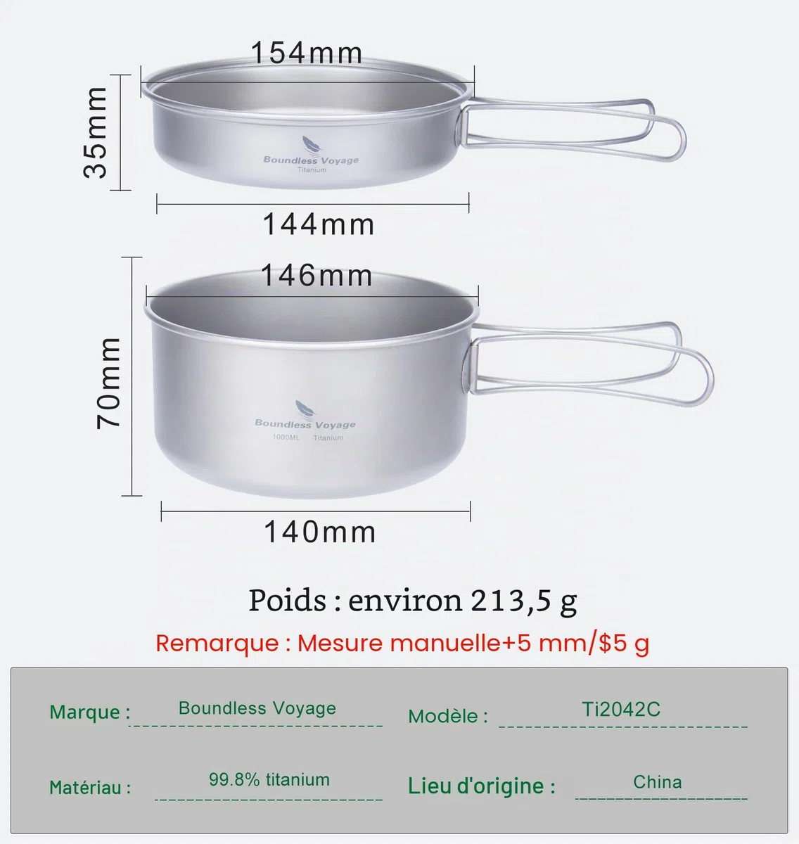 iBasingo Ensemble de Poêles en Titane Kit de Cuisine de Camping Ustensiles de Cuisine de Randonnée de Voyage Ensemble D'assiettes pour Bols de 1000ml et 500ml pour 1 Homme Ti2042C