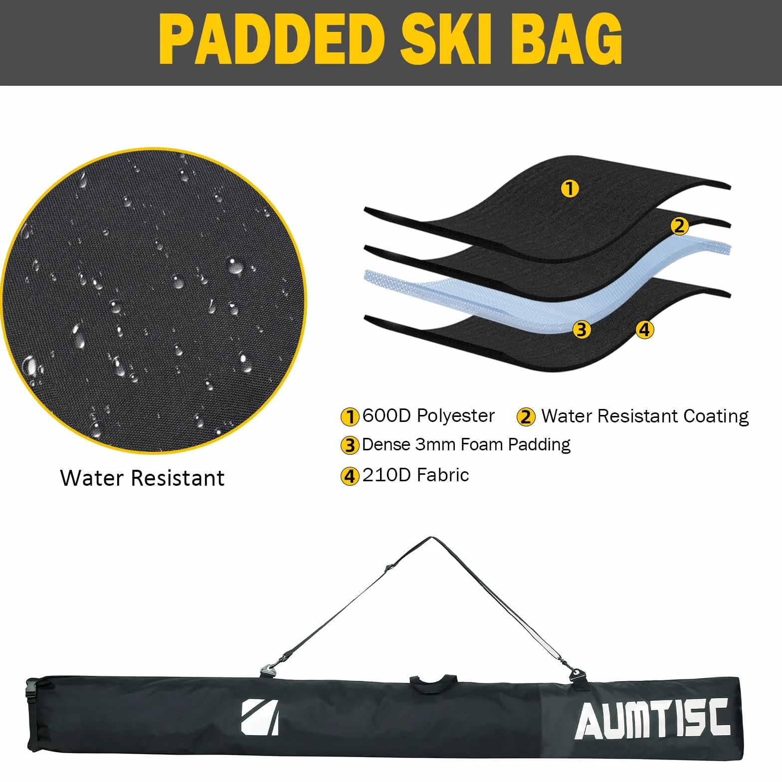 AUMTISC Sac de Ski Combiné Rembourré pour Chaussures de Ski Longueur Réglable 200 cm