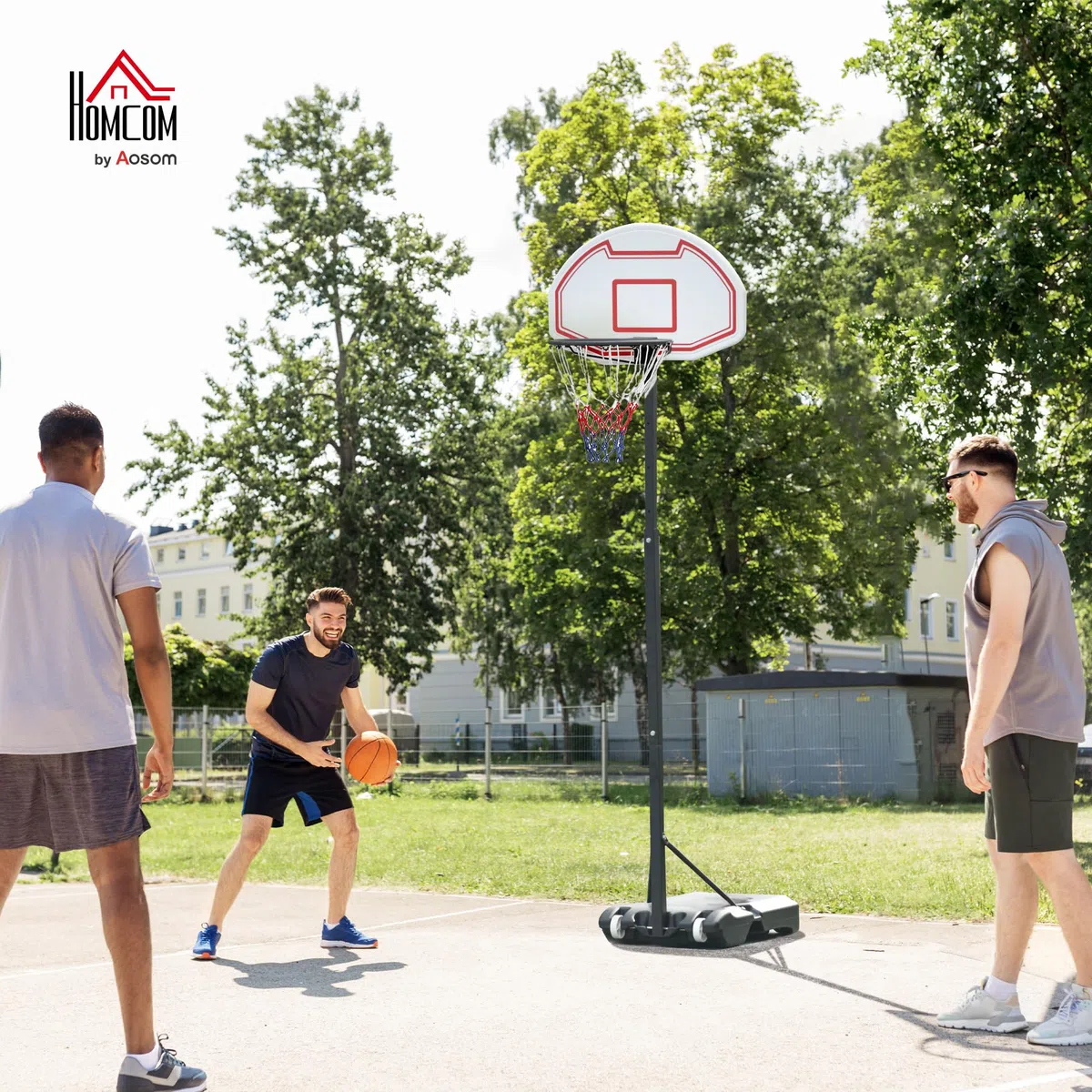 HOMCOM Panier de Basket-Ball sur Pied avec Poteau Panneau, Base de lestage sur roulettes Hauteur réglable 1,9-2,5 m Noir Blanc