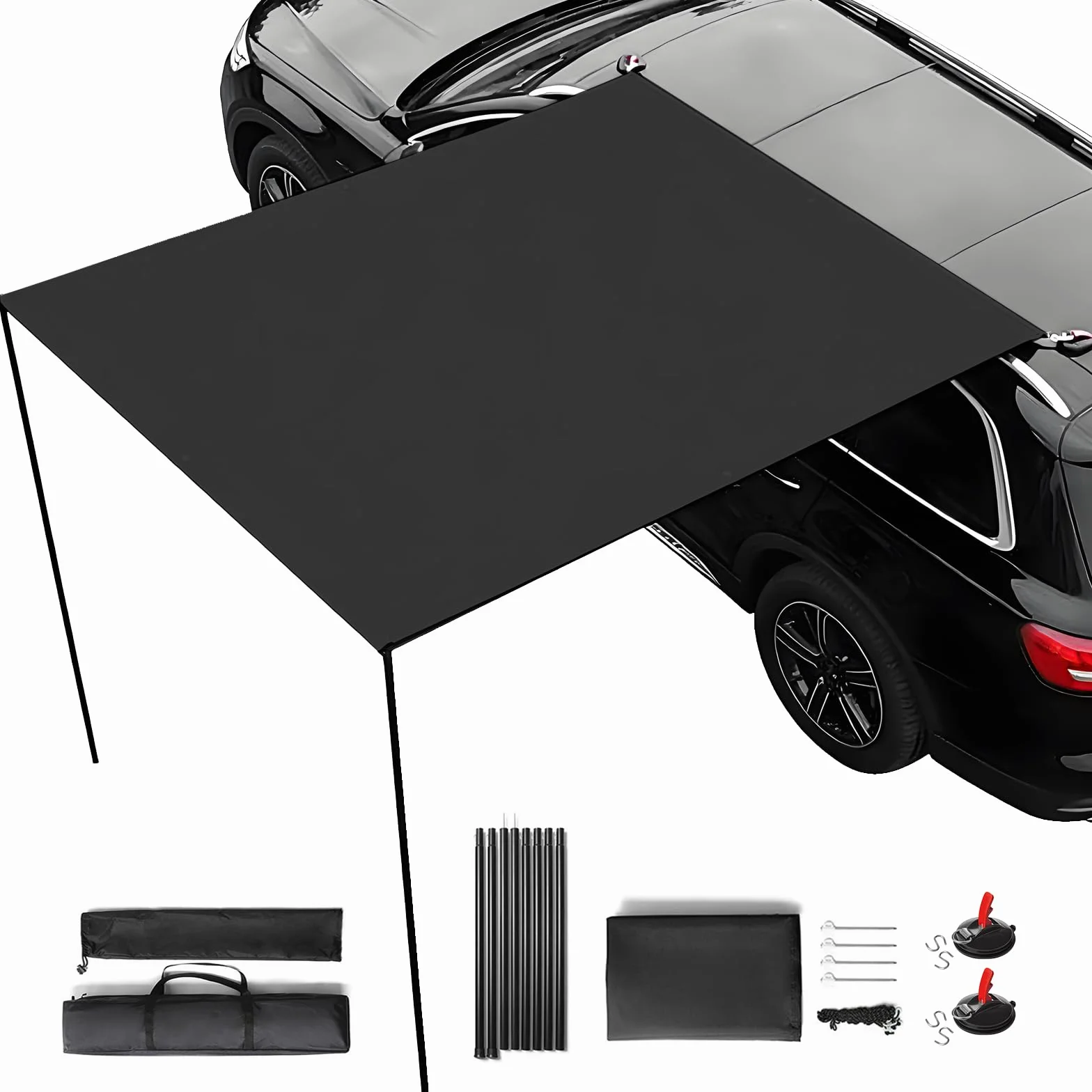 Kit de Auvent Voiture Rétractable, 200x300cm, avec 2 Poteaux, 8 Câbles de Haubanage, 8 Sardines, 2 Ventouses, Sac de Rangement et Sac de Transport, UPF50+, PU3000+, pour Aventures (Noir)