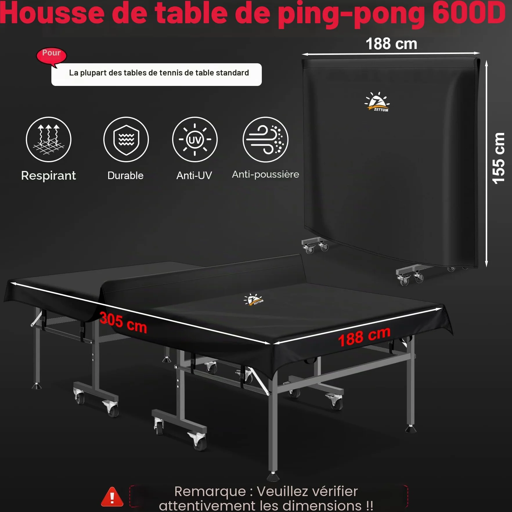 Zettum Housse Table Ping Pong Extérieure 188L x 155H CM 600D Oxford Anti-déchirure
