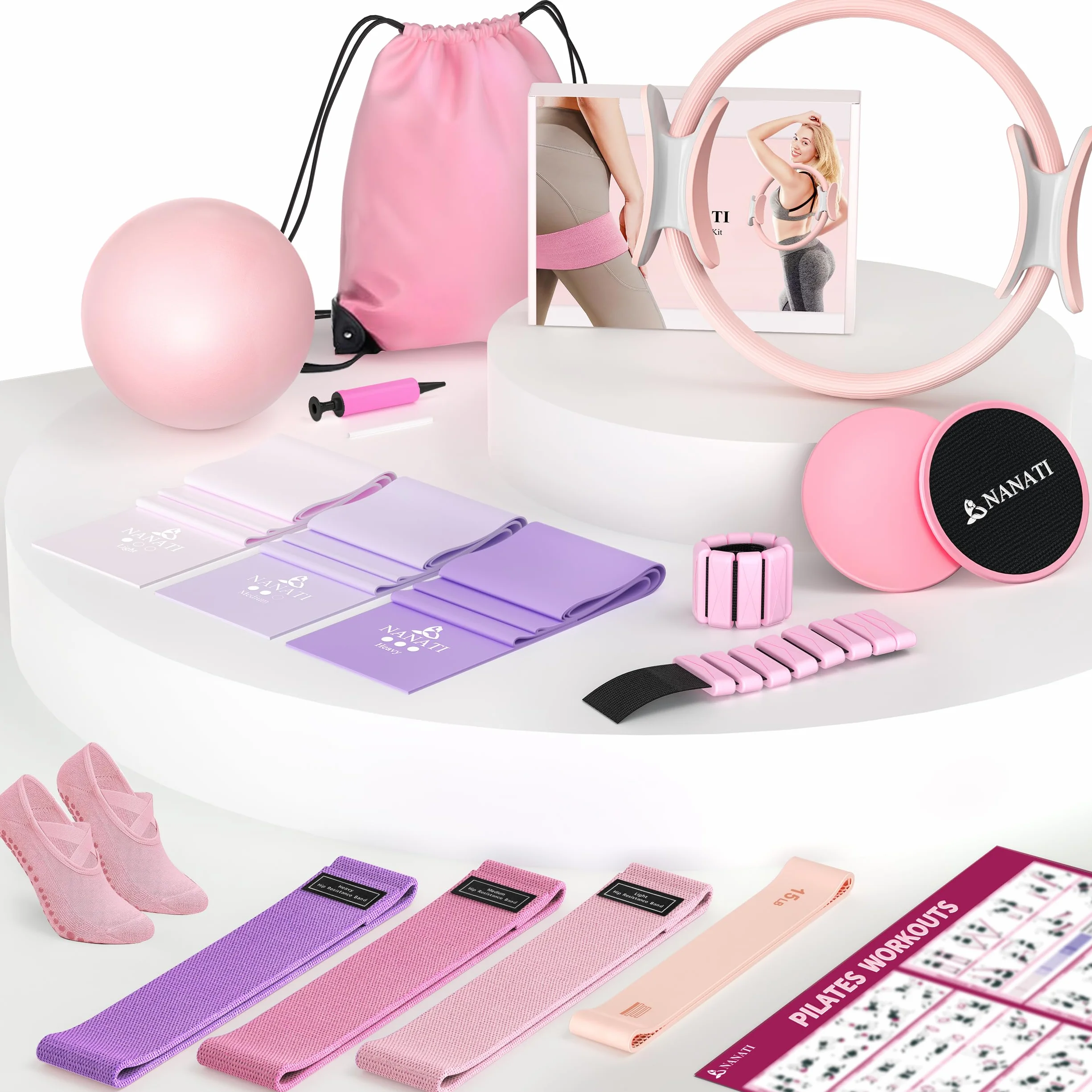 NANATI Kit de pilates 18 pièces, kit essentiel de pilates pour femmes à domicile, équipement de pilates avec anneau et balle de pilates de 36,8 cm, 7 bandes de résistance, poids de cheville, curseurs