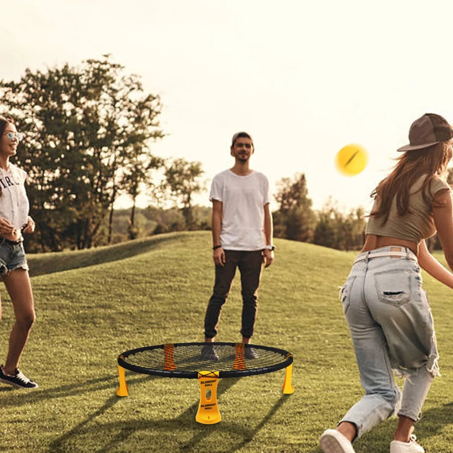 Ensemble de jeux d'extérieur Roundnet avec lumières, 3 balles, filet de jeu, filet de compétition, sac, pompe