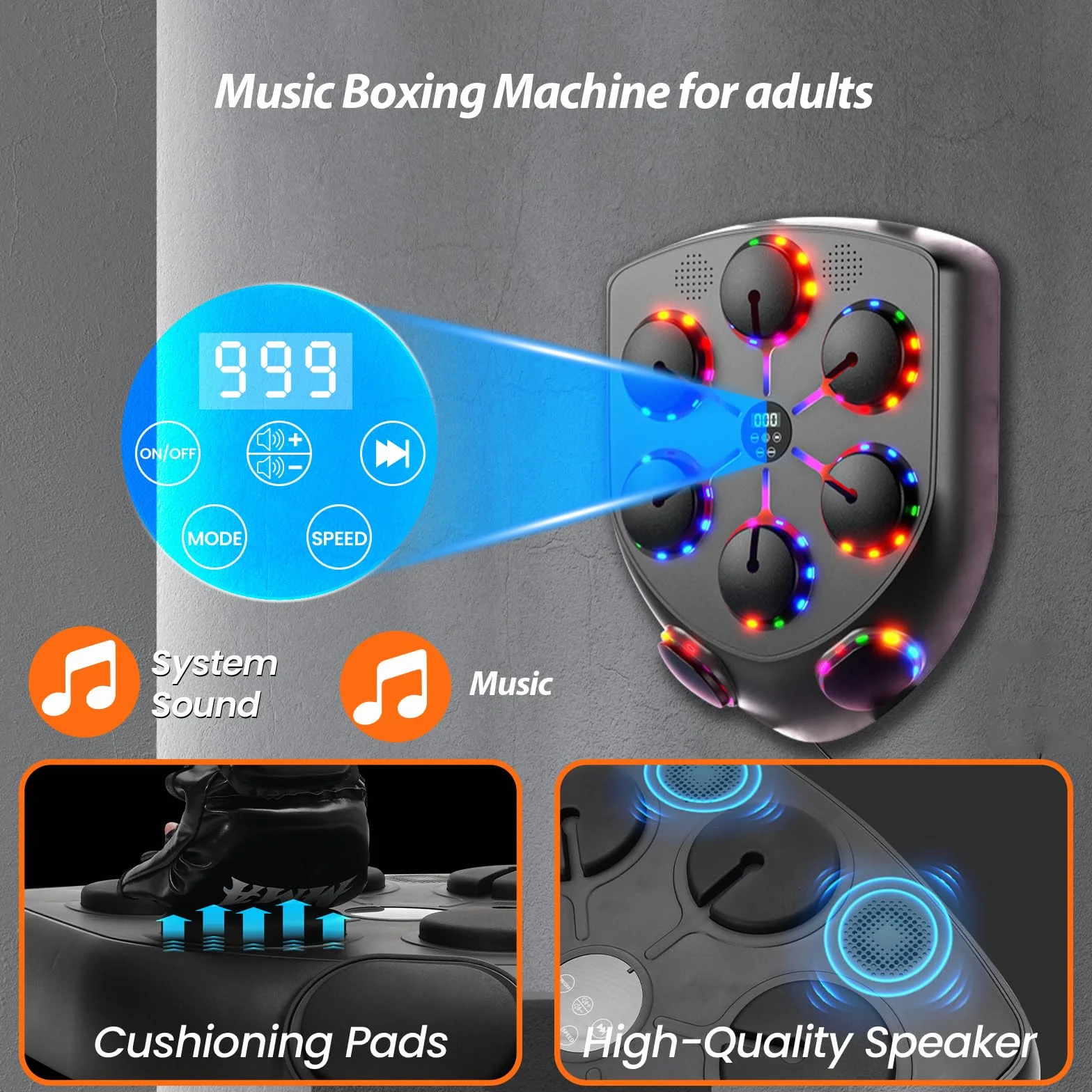 Music Boxing Machine Adulte, 9 Modes de 9 Vitesse Boxe Mural Musique avec Gants de Boxe, Machine de Boxe Musicale Comptage Musicboxing pour Entraînement à la Maison (8 cibles)