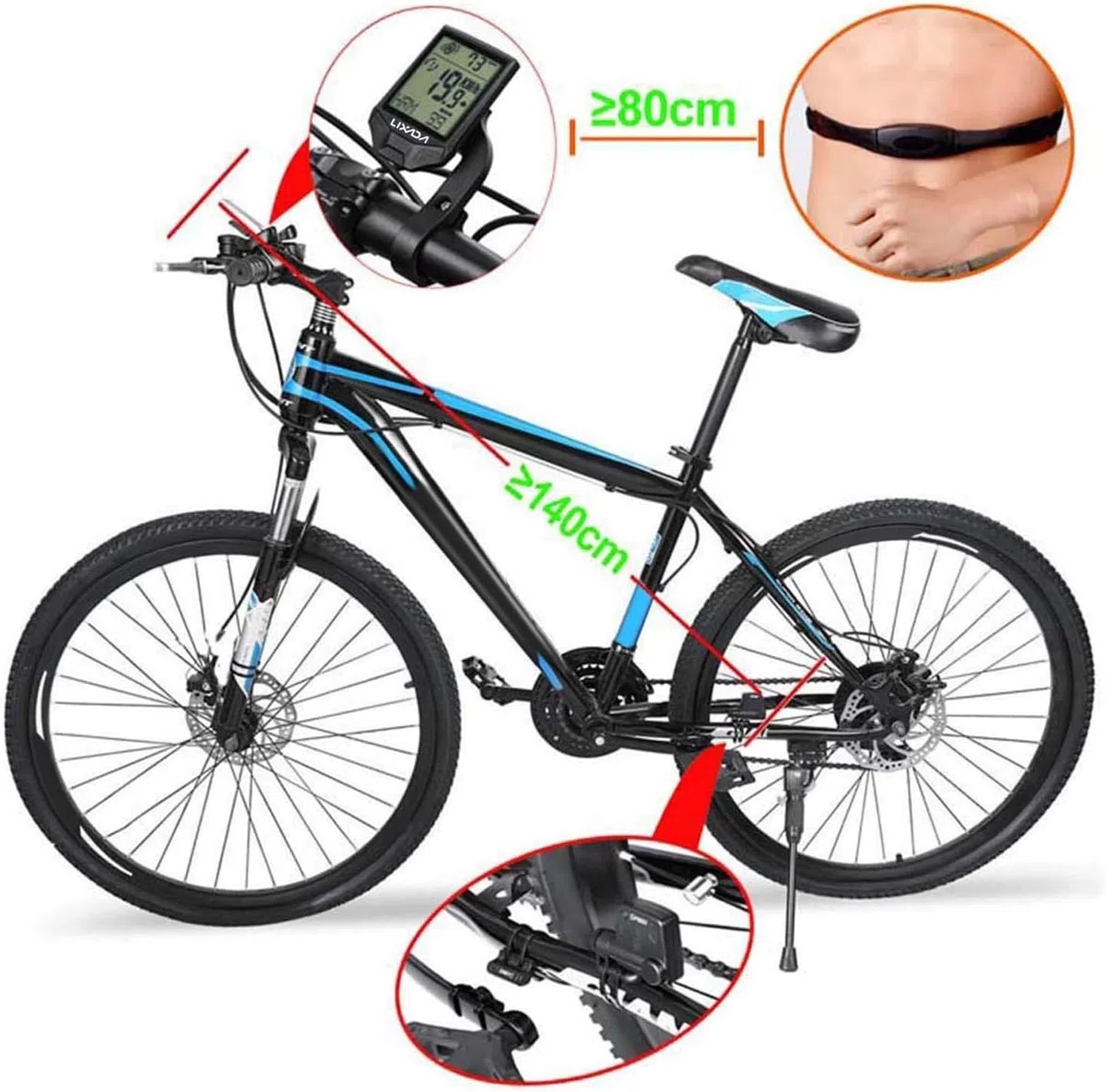Cadence Moniteur de fréquence cardiaque, ordinateur de vélo sans fil avec capteur de fréquence cardiaque Ordinateur de vélo multifonctionnel étanche à la pluie avec écran LCD rétroéclairé(Black)