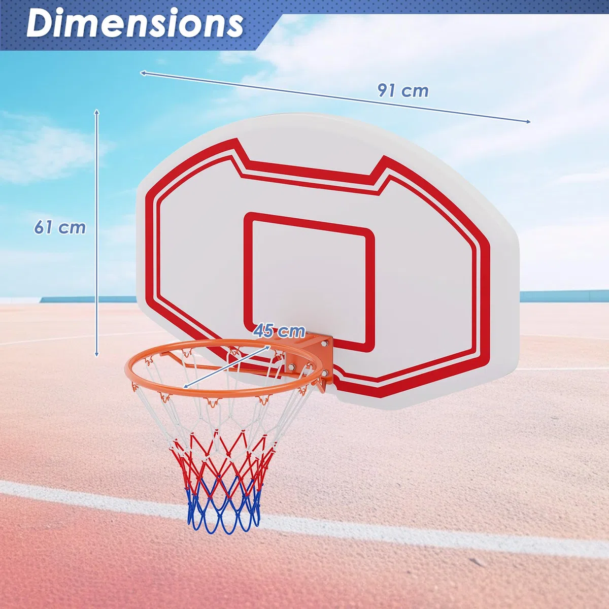 COSTWAY Panier de Basket Mural 45 cm avec Panneau Incassable, Panier Basket-Ball avec Filet Anti-Déchirure pour Adolescents Adultes Intérieur/Extérieur, 91 x 61 cm, Blanc+Rouge