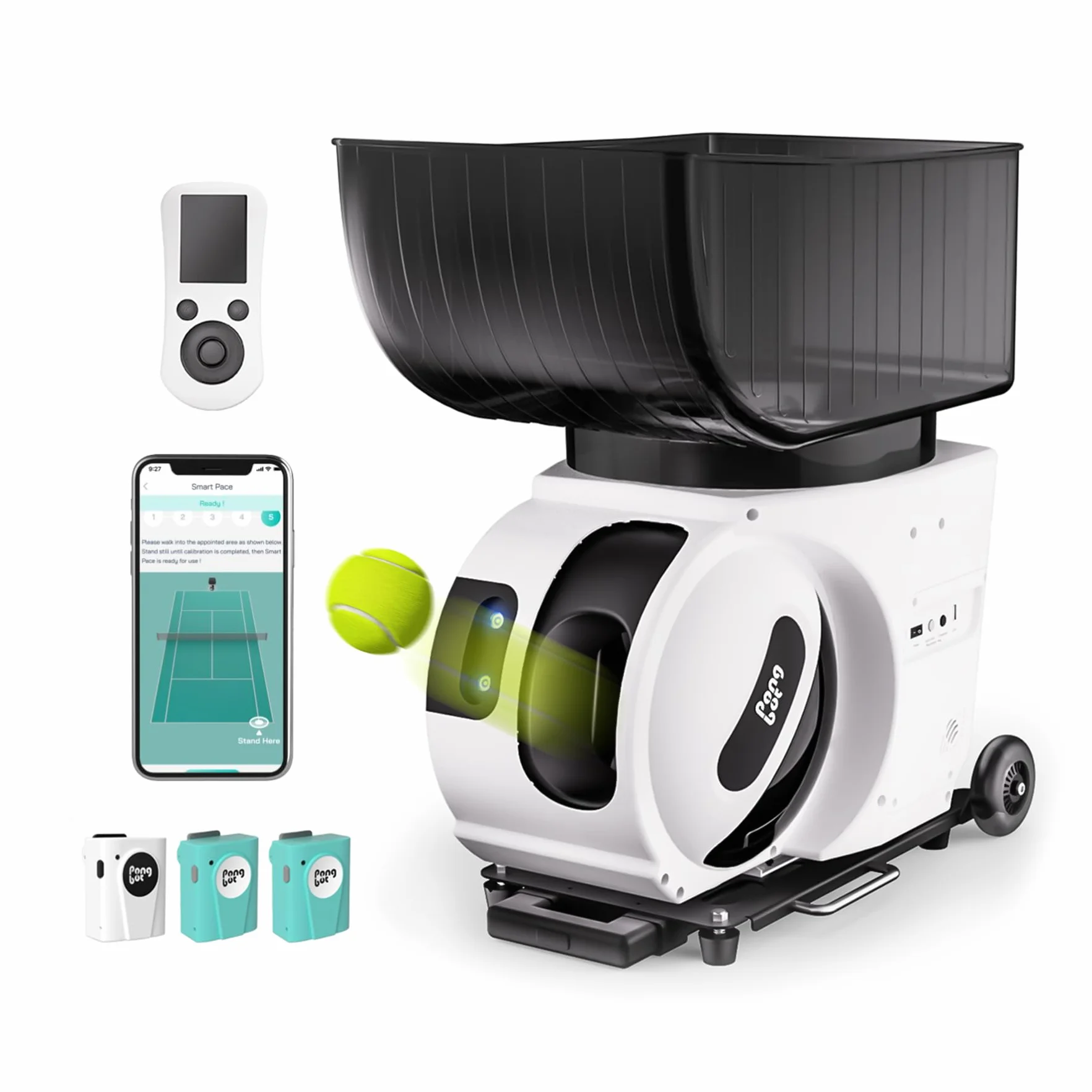 PONGBOT Machine à balles de tennis, application et télécommande, perceuses personnalisées, capacité de 150 balles, max 80 mph, plus de 80 heures d'endurance, double moteur pour Topspin et Backspin