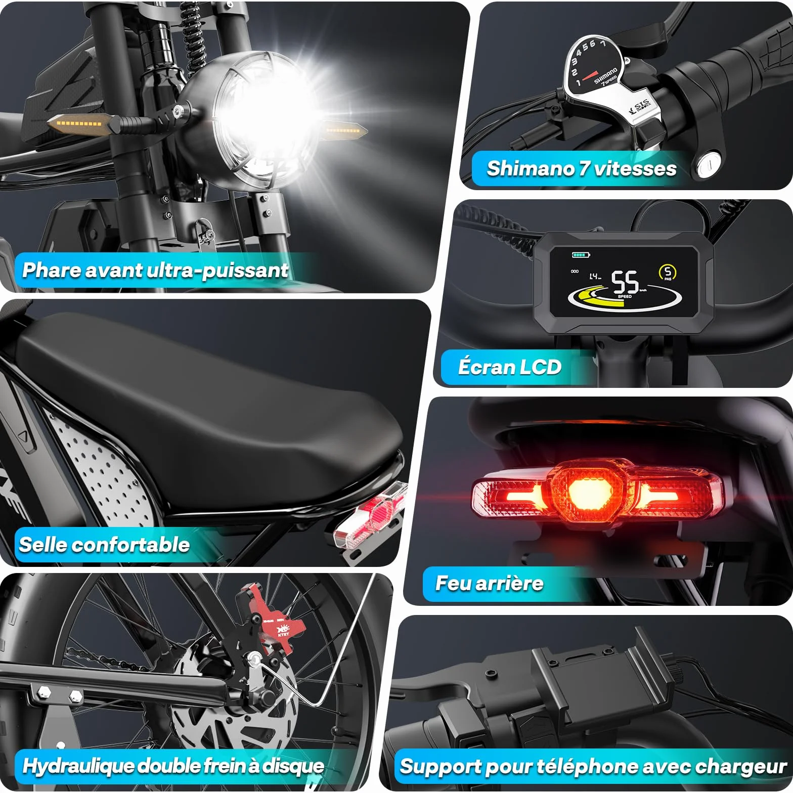 YVY Vélo Électrique, Batterie Amovible 20/40Ah, Autonomie 120km/150km/300km, Fat Bike Électrique, VTT Électrique 7 Vitesses, E-Bike Double Suspension, Double Disque, Écran LCD