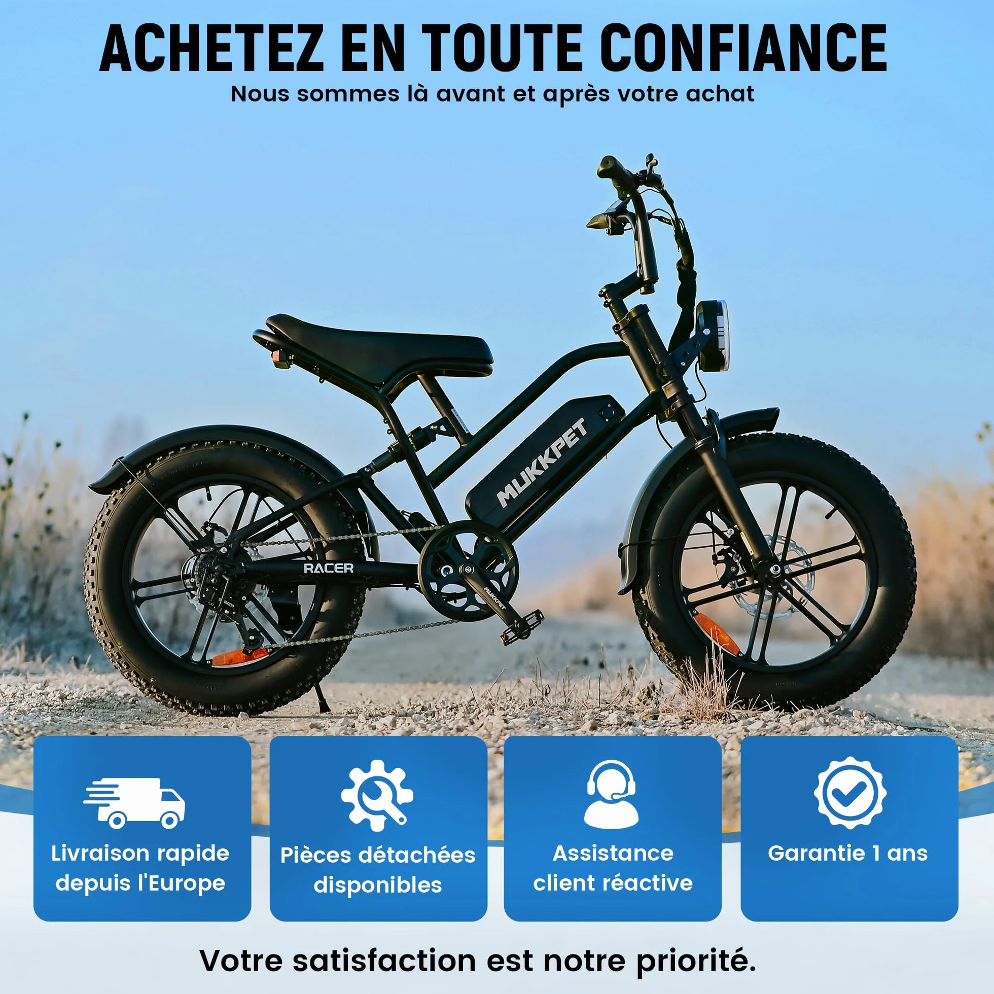 Mukkpet Racer Vélo électrique 48V 18Ah 864Wh pour Adultes, Jusqu’à 120 km d’autonomie, Fat Tire 20” x 4.0 Tout Terrain, Double Suspension, vélo électrique Adulte (Black)