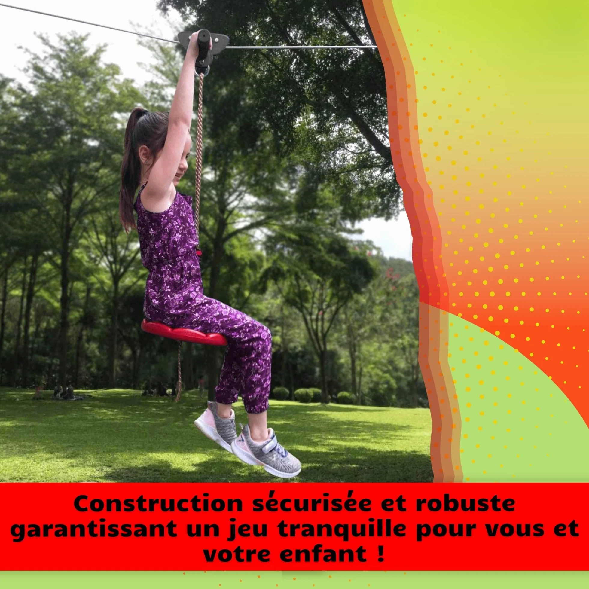 SPRINGOS Tyrolienne Enfant 30m Acier Inoxydable – Kit Zipline avec Siège, Chariot, Frein Ressort, Mousquetons – Charge 120 kg – Jeu Plein Air Jardin