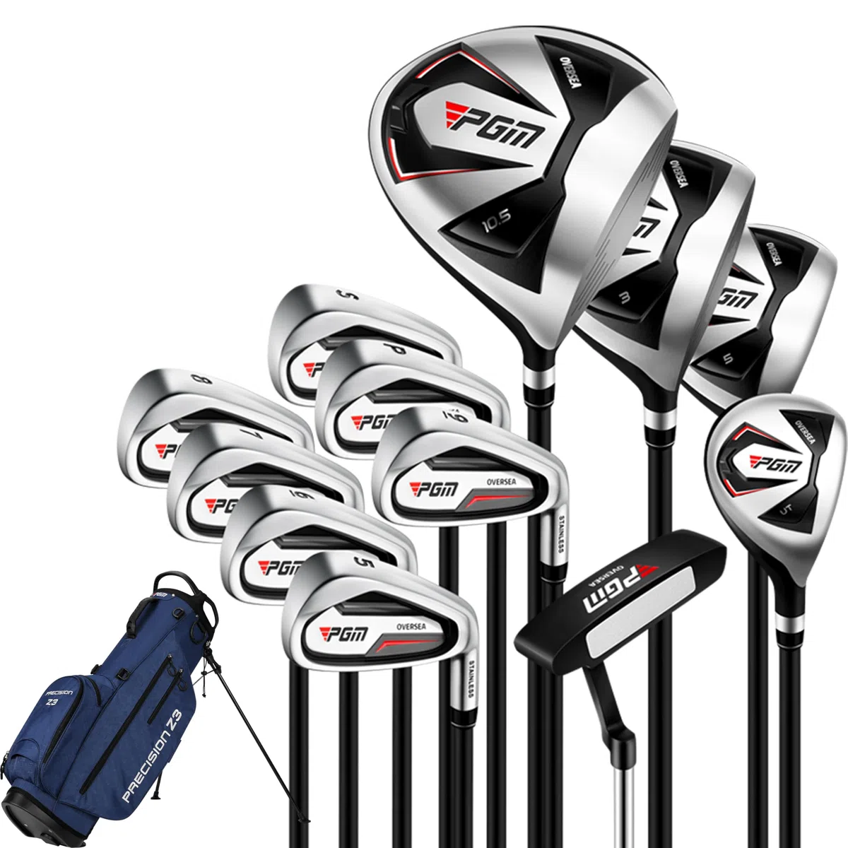 PGM Ensemble de clubs de golf pour homme avec 12 clubs – 4 bois (#1, 3, 5, 4H), 7 fers (#5, 6, 7, 8, 9, PW, SW) et 1 putter – Sac de support de golf