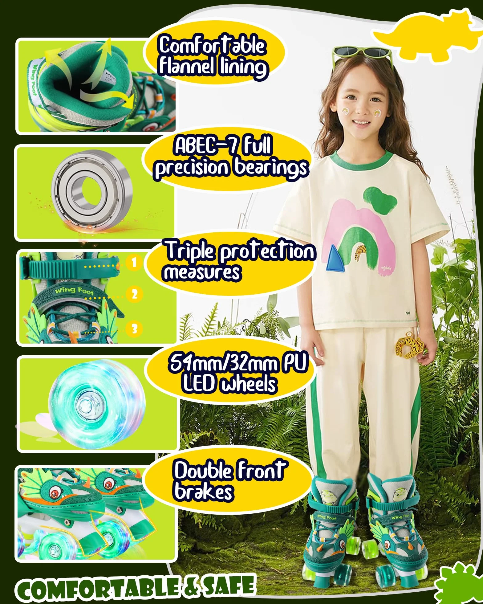 Dinosaure Patins à roulettes Enfant Roller Quad Roues Garçons Filles Taille Réglable Ajustable avec 4 Roues Lumineuses pour Débutants Cadeau Noël d'anniversaire