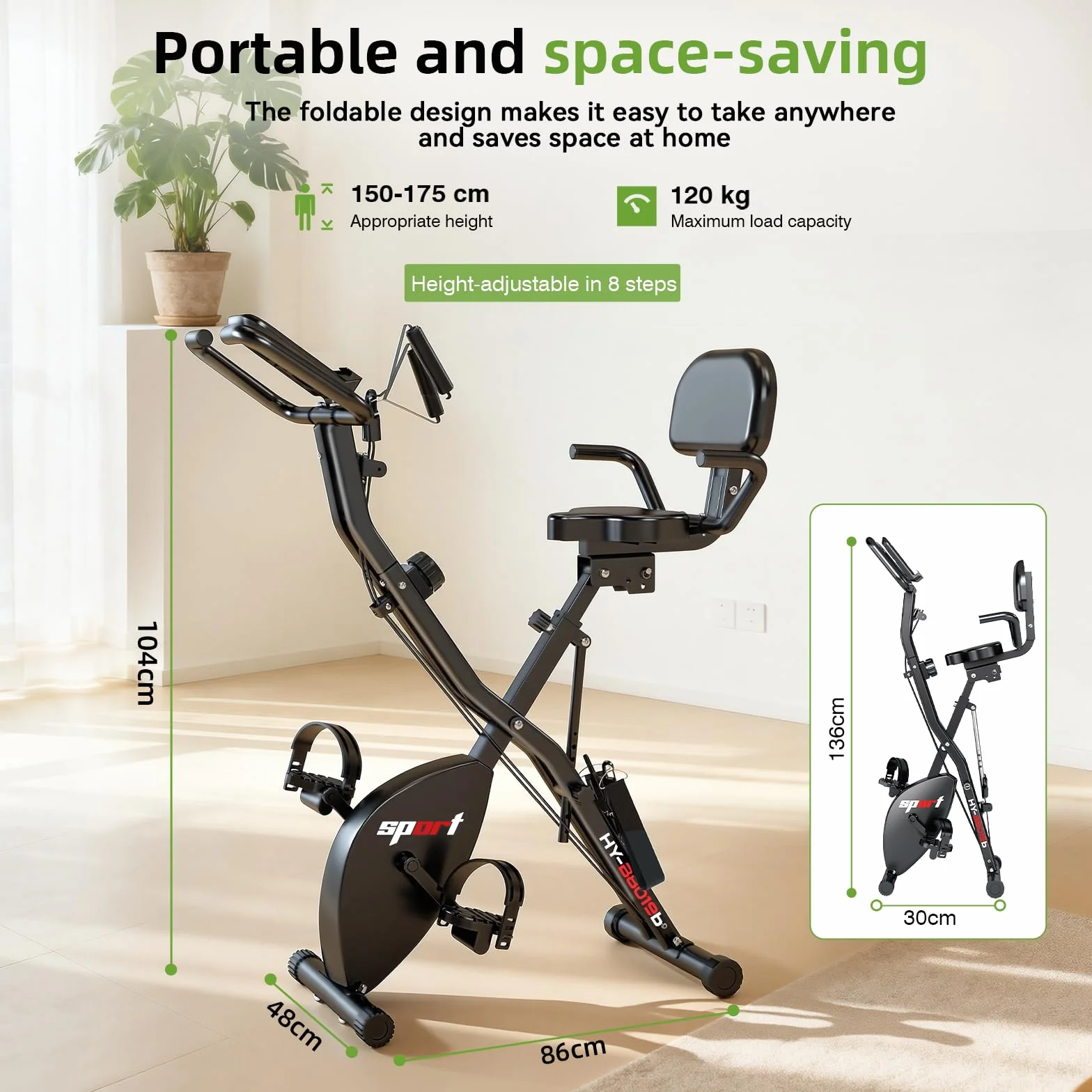 Vélo d'appartement pliable 4 en 1 avec écran LCD et mesure du pouls - 8 niveaux de résistance magnétique, capacité 120 kg