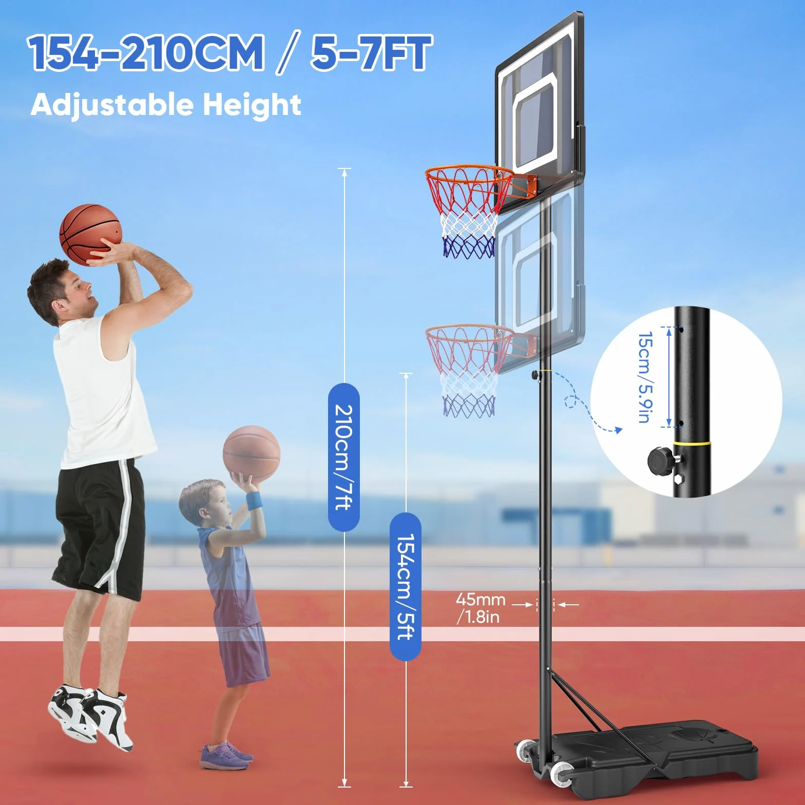 Panier de basket avec roues, hauteur réglable de 154 à 210 cm, support de basket-ball avec 2 filets de basket-ball solides, utilisation dans les cours, les jardins et les garages