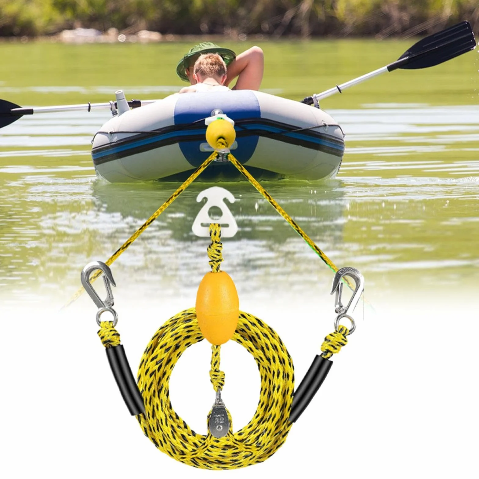 Triangle de remorquage de 3 m pour sports nautiques, laisse pour 4 personnes avec rouleau coulissant et flotteur, crochet en acier inoxydable, corde de traction pour towables, ski nautique, wakeboard
