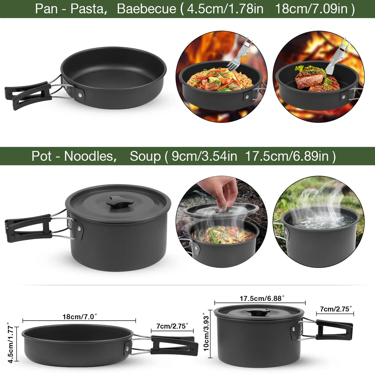Kit de Casseroles Camping,Multi-PCS,Camping Poêlé en Aluminium Durable,Portable 2-3 Personnes Casseroles Camping Set avec Assiette Bol Ustensiles de Cuisine pour Pêche,Outdoor,Randonnée