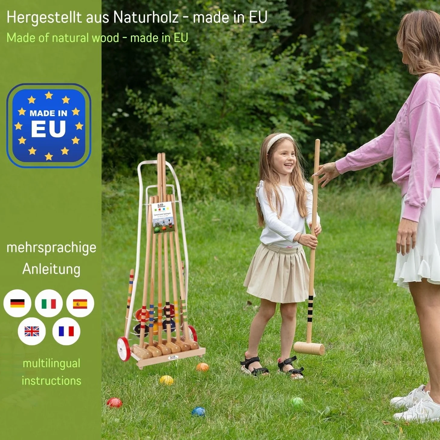 GICO Jeu de Croquet de qualité en Chariot en Metal Famille - Jeu en Plein air - 6 Joueurs - 4 maillets Taille 80 cm Enfants, 2 maillets 100 cm Adultes - Qualite de EU - 3136
