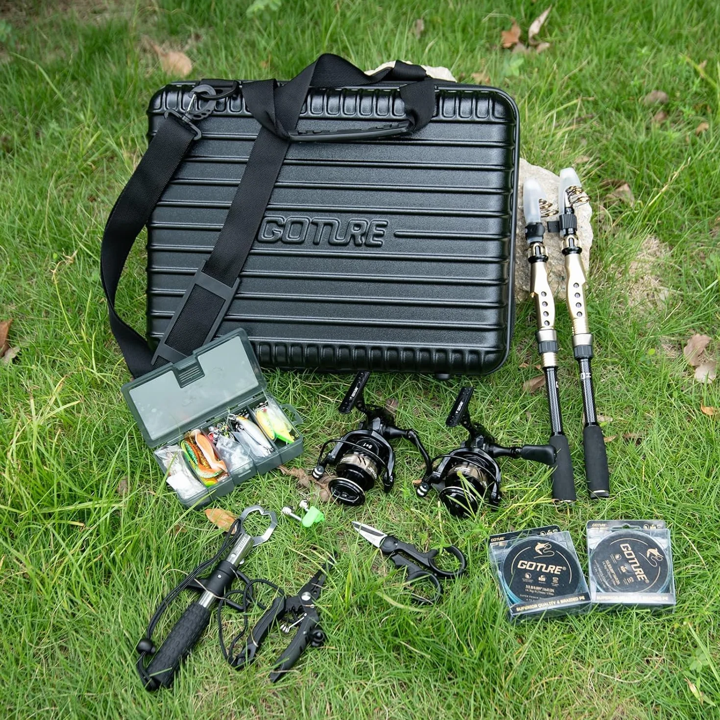 Goture Kit de pêche avec 2 cannes à pêche télescopiques (24T) - Canne à pêche télescopique - Kit complet 2 5.2:1 (9+1 Bearing), cordon, boîte à appâts et sac de transport - Pour eau salée et eau douce