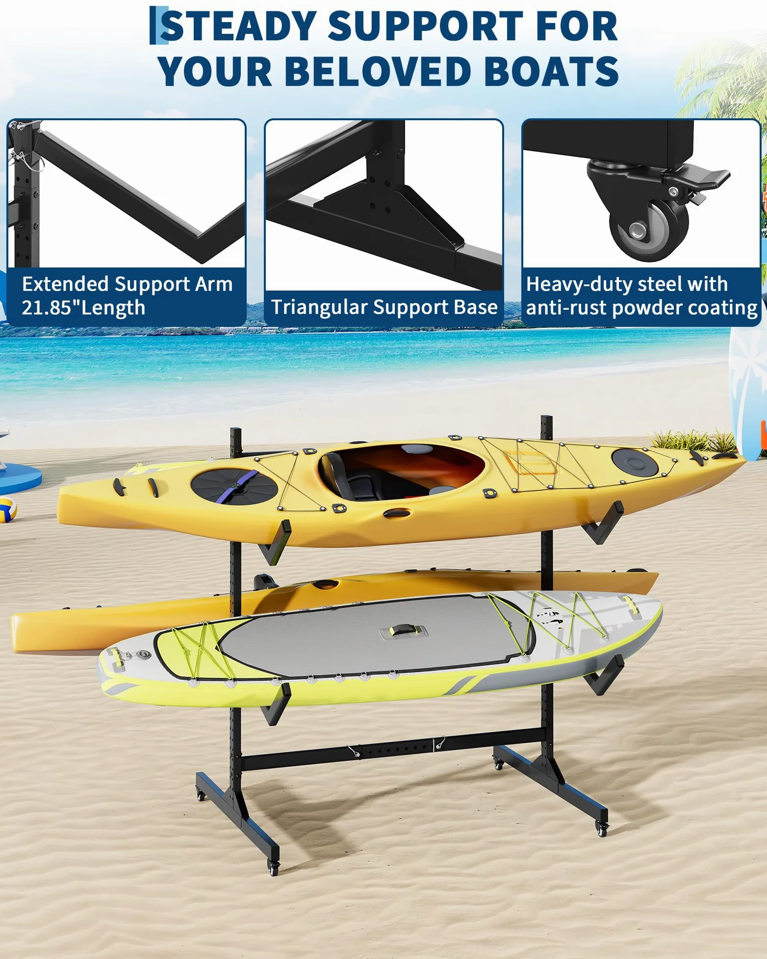 Garvee Rack de Rangement autoportant Double Face, Robuste et réglable, pour 4 Kayaks, canoës, Sup et Planches – roulettes verrouillables – Idéal Garage, abri ou Quai – Spécification : Double Face