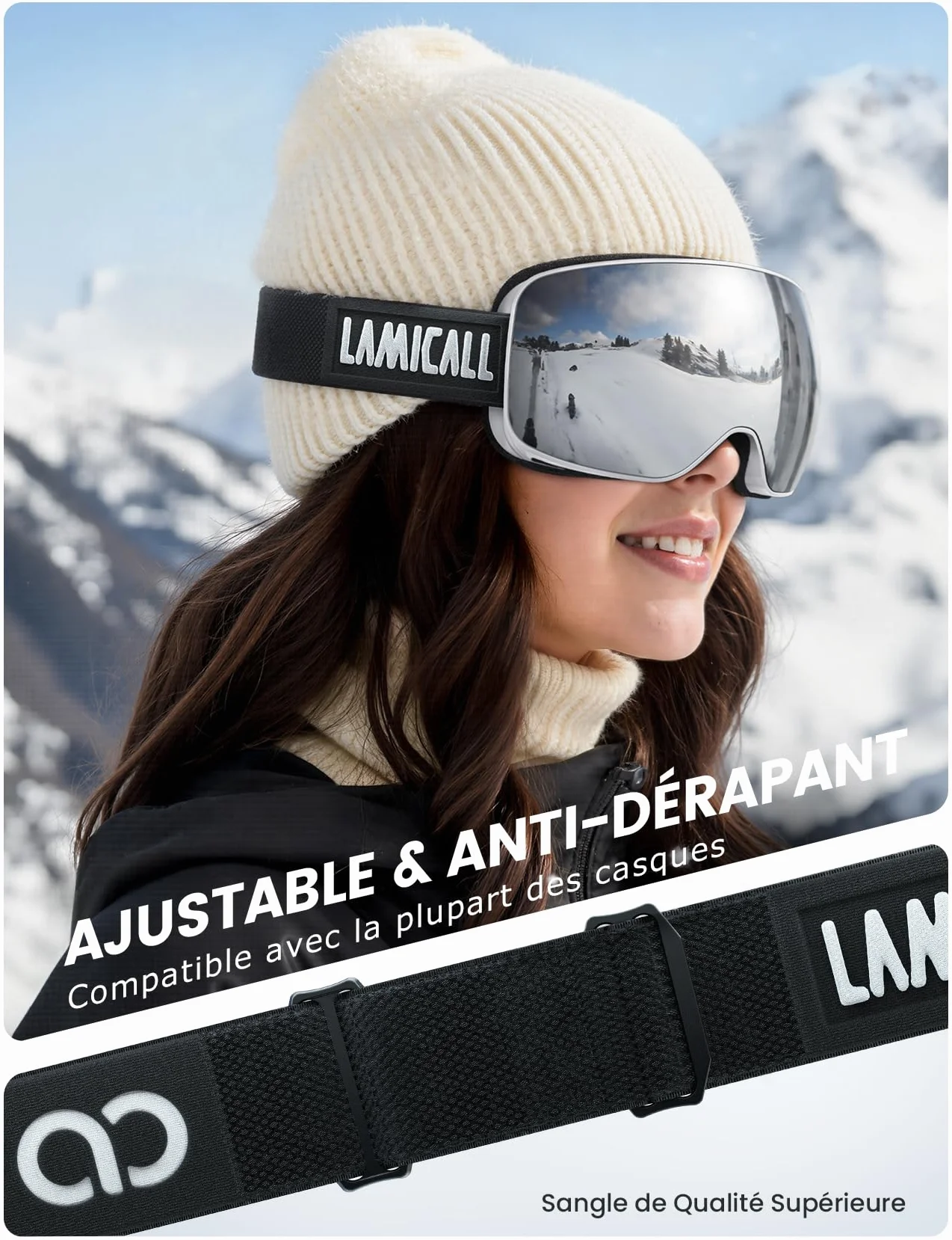 Lamicall Lunettes de Ski Homme, Masque Ski OTG - [Ultra HD Verre Sphérique & Anti-Buée Breveté] Lunettes de Snowboard, UV400 Protection, Vision Plus Large, Ski Goggles Femme pour Sports Hiver