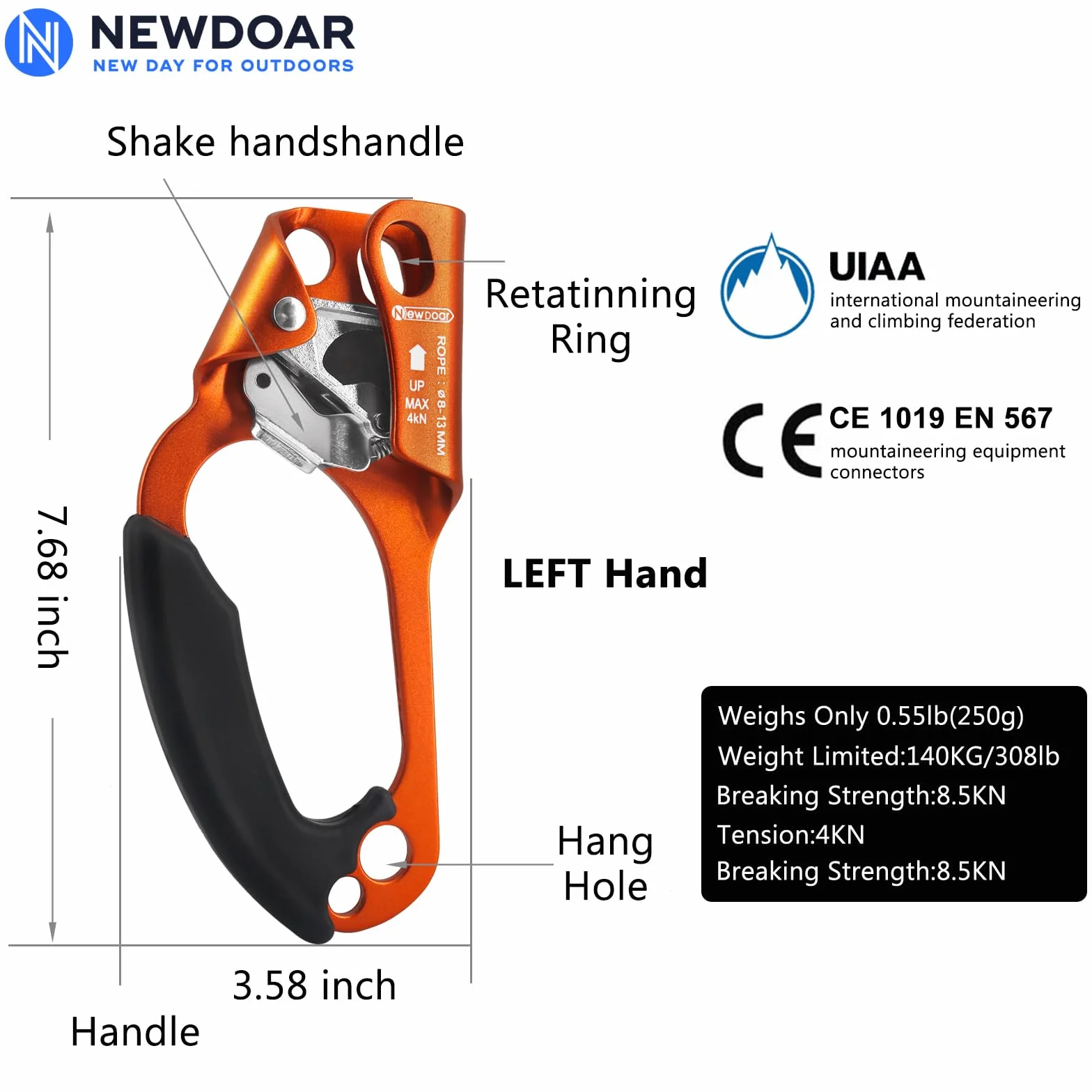 NewDoar UIAA & CE Certifié Main Ascendeur Bloqueur Poignée Ergonomique Escalade Arbre Arboriste Rappel Gear Équipement Corde Pince pour 8~13 MM Corde-Orange Gauche et Bleu Droit