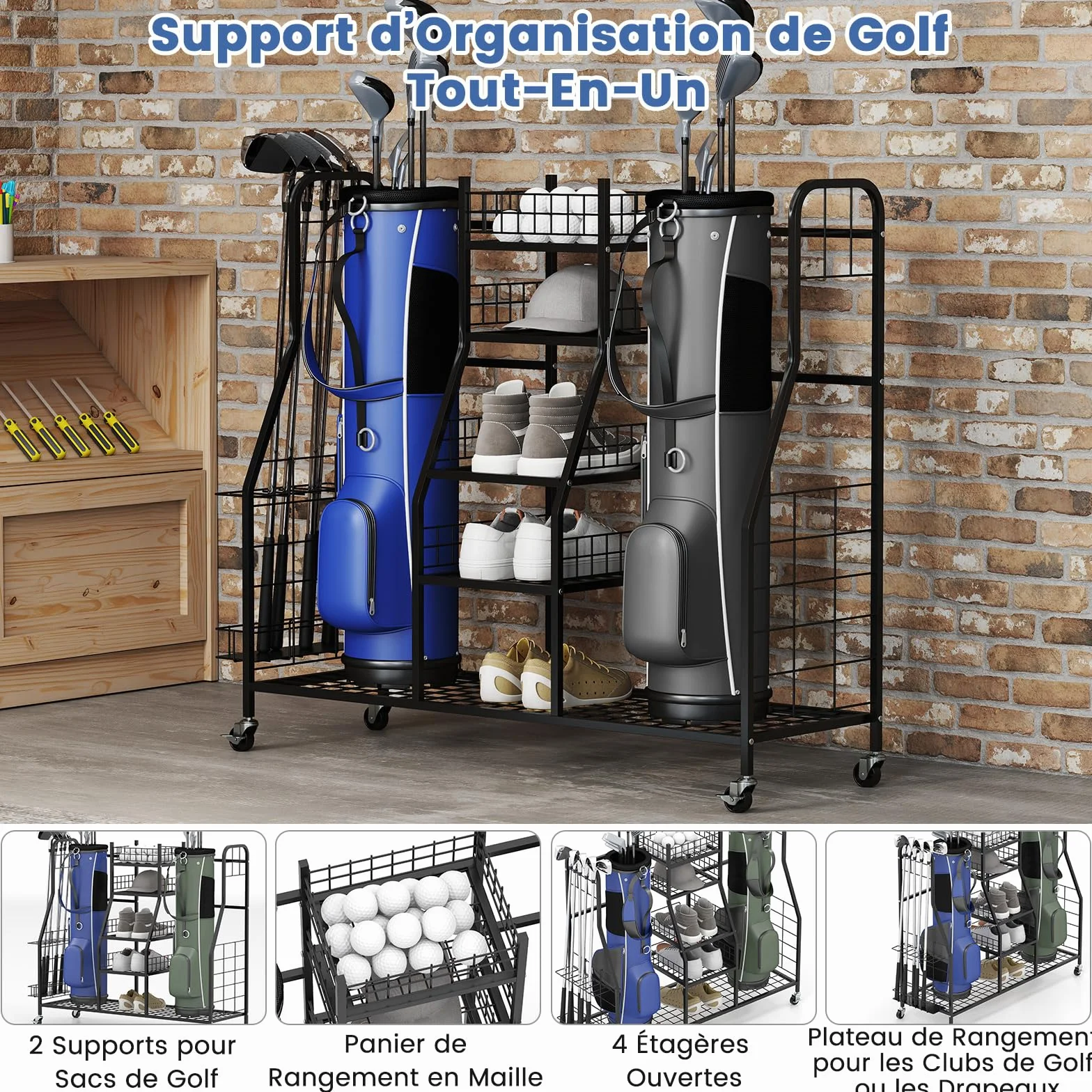GYMAX Organisateur de Golf, Chariot Métallique pour Rangement de Sacs, Clubs, Chaussures, Balles, Accessoires, 4 roulettes Universelles, Convient pour Garage, sous-Sol, Club