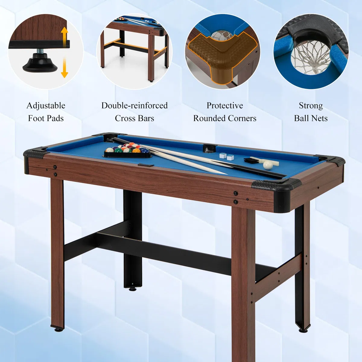 HOMASIS Billard, Mini Billard en Bois avec 16 Boules de Billard, 2 queues, 2 craies, Triangle, Brosse, Set de Billard pour la Maison, Le Bar, Les Enfants et Les Adultes, 122 x 61 x 76cm