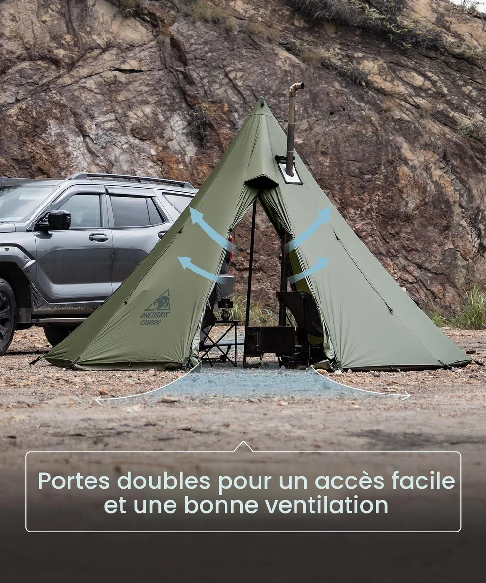 OneTigris Rock Fortress Tente tipi pour 4 à 6 personnes - Tente pyramidale avec mât de tente - 4 saisons - Colonne d'eau de 3000 mm - Pour l'extérieur, le camping, la randonnée, le trekking (vert