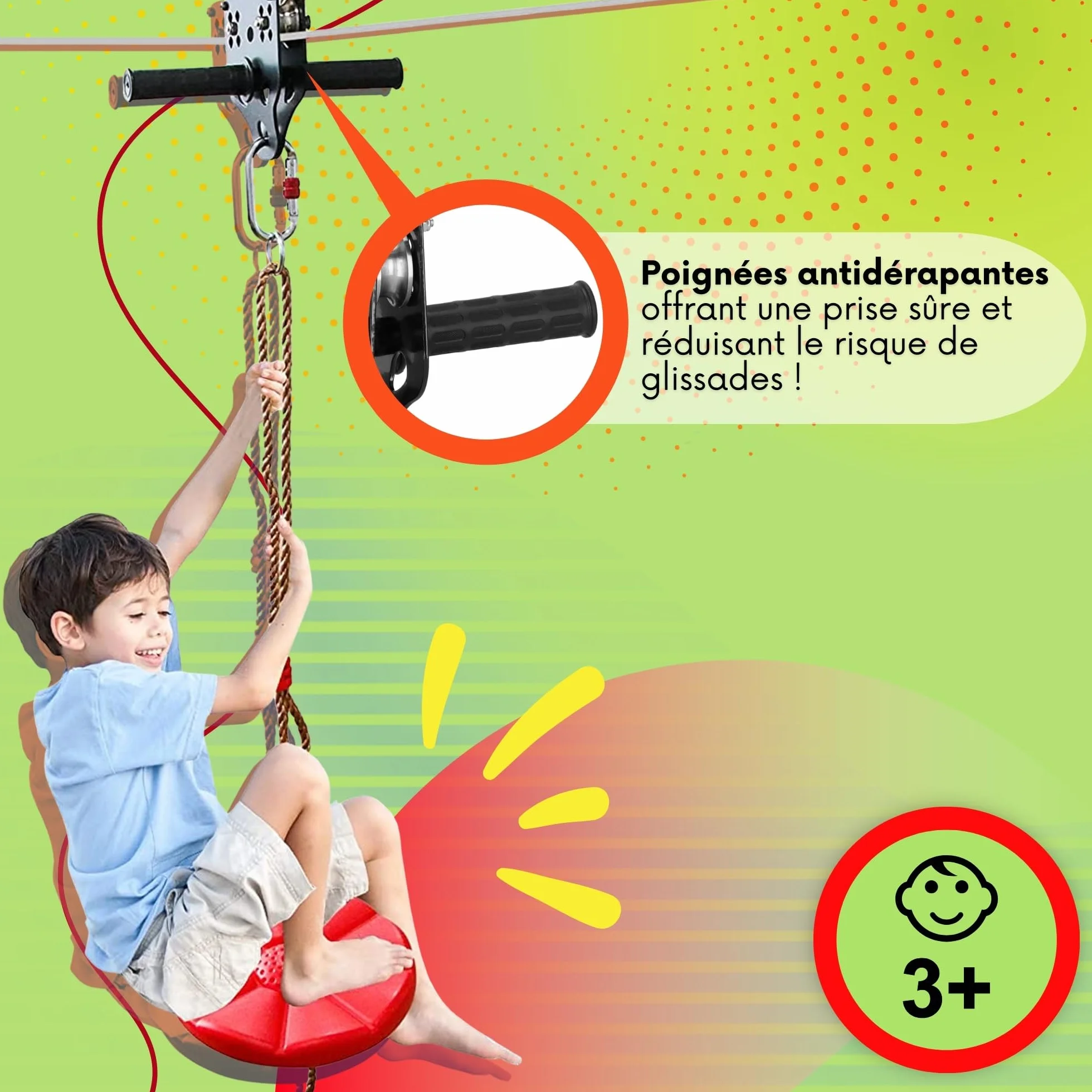 SPRINGOS Tyrolienne Enfant 30m Acier Inoxydable – Kit Zipline avec Siège, Chariot, Frein Ressort, Mousquetons – Charge 120 kg – Jeu Plein Air Jardin