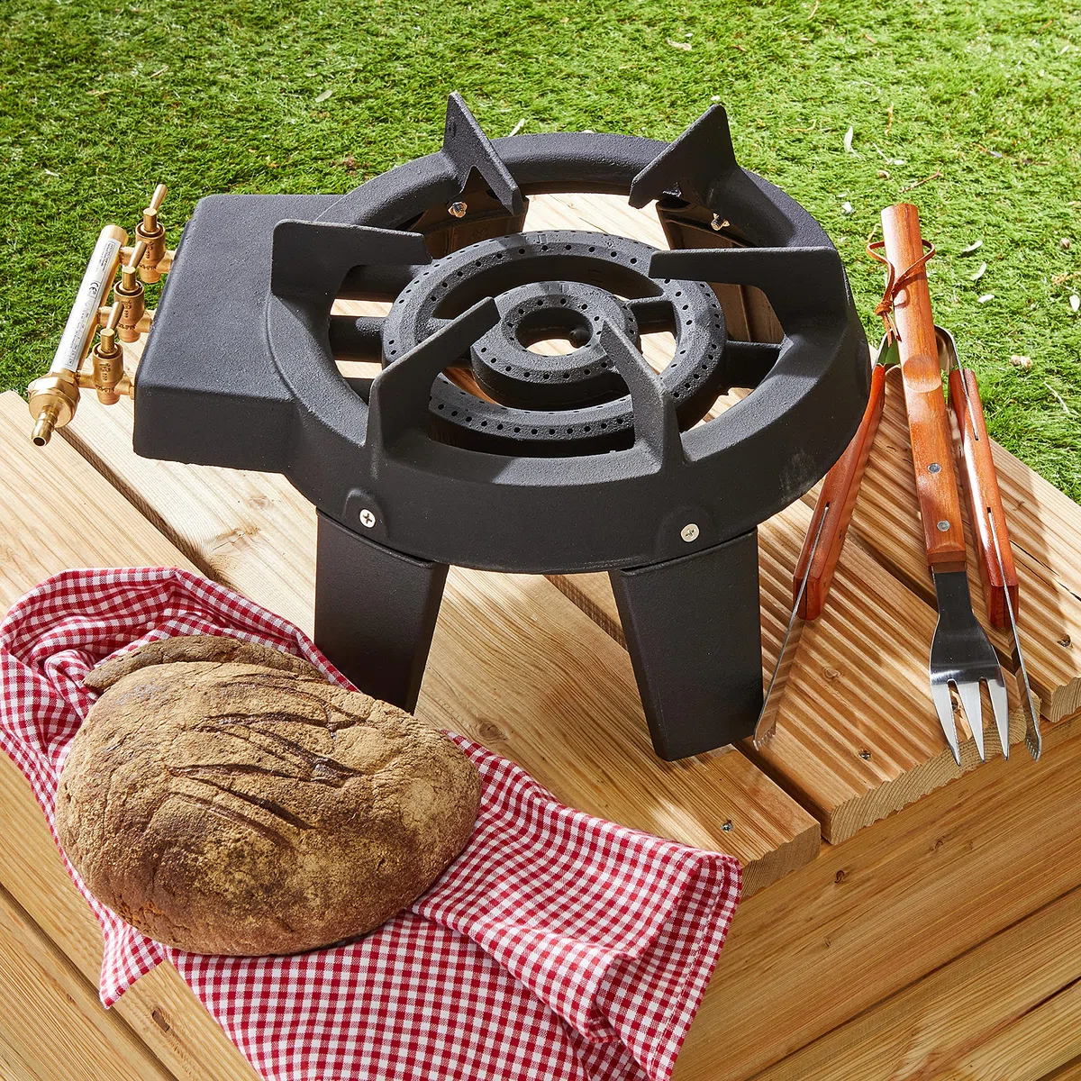Meva Rechaud TRAITEUR gaz fonte TRIGLAV 9.8 KW 4 pieds 3 robinets Puissant et Stable, Noir