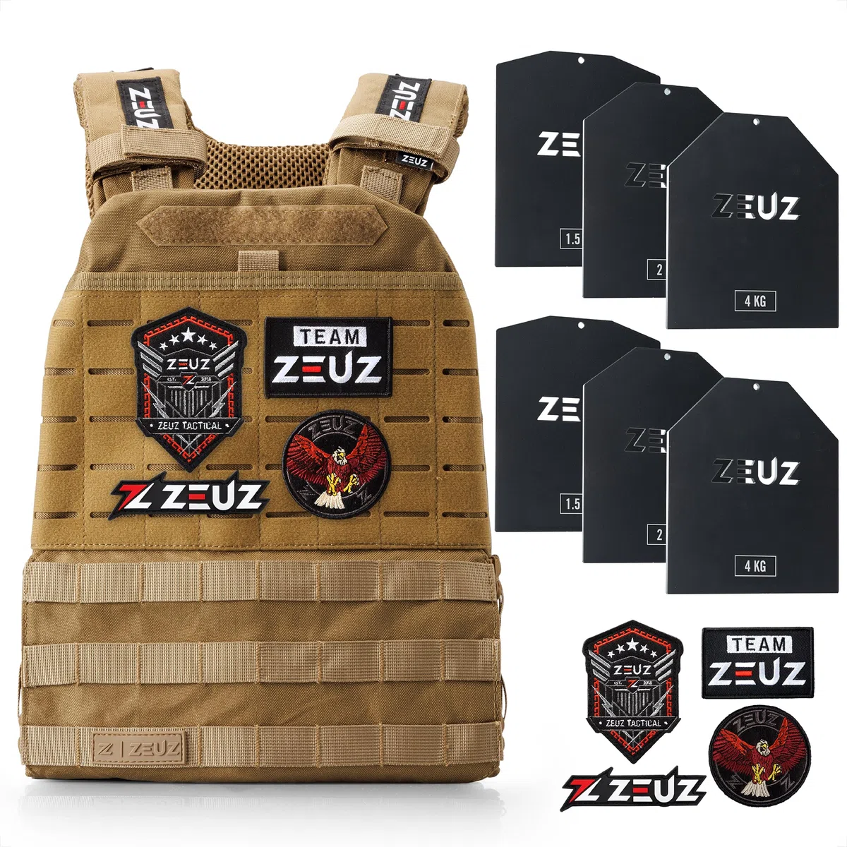 ZEUZ® 3.0 Gilet de poids Crossfit & Fitness 16,5 KG – Gilet tactique & Veste d'entraînement - Réglable en Poids – 19 Stands - Beige