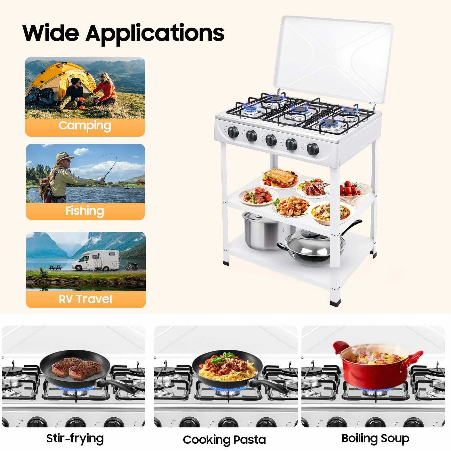 Cuisinière à Gaz Naturel Autoportante Avec 5 BrûLeurs, Avec éTagère à 2 étages, 4 Housses De Protection Contre La Poussière, CuisinièRe à Gaz Portable, Pour Camping Camping-Car Maison (5 BrûLeurs)