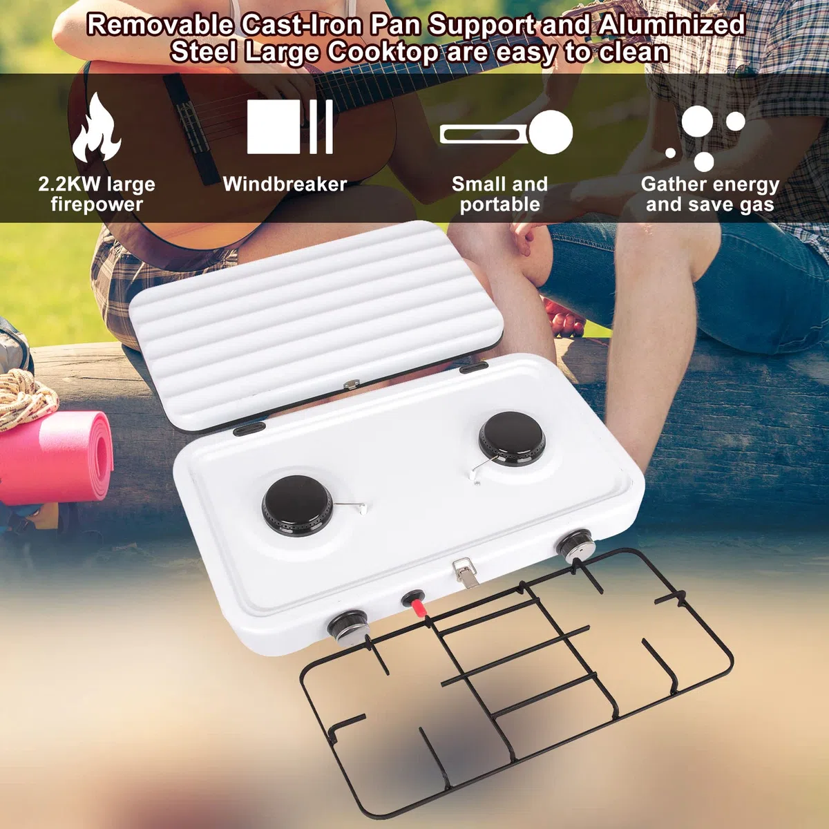 Rechaud Gaz 2 Feux Portable, 4.4KW Réchaud Gaz-GPL Camping Auto-Ignition pour Extérieur avec Tuyaux 150 cm et Régulateur de 37 mbar, Réchaud Gaz Couvercle Détachable