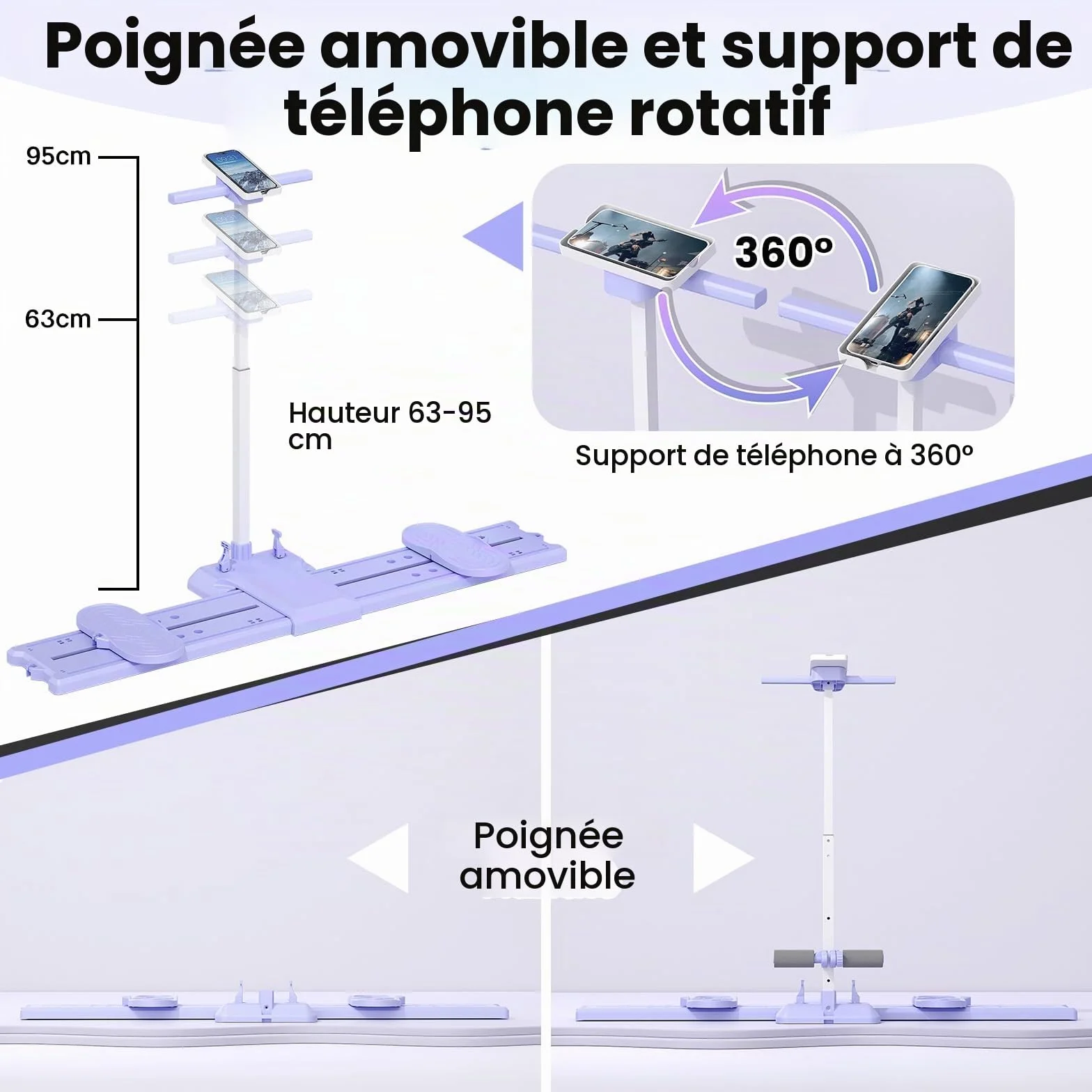 Kit Pilates Reformer, Machine à Ski 5 en 1, Planche de Pilate Pliable, Appareil Abdominaux, Push up Board, Poignées Amovibles avec Support Téléphone, pour le Renforcement du Core, Fessiers, Bras
